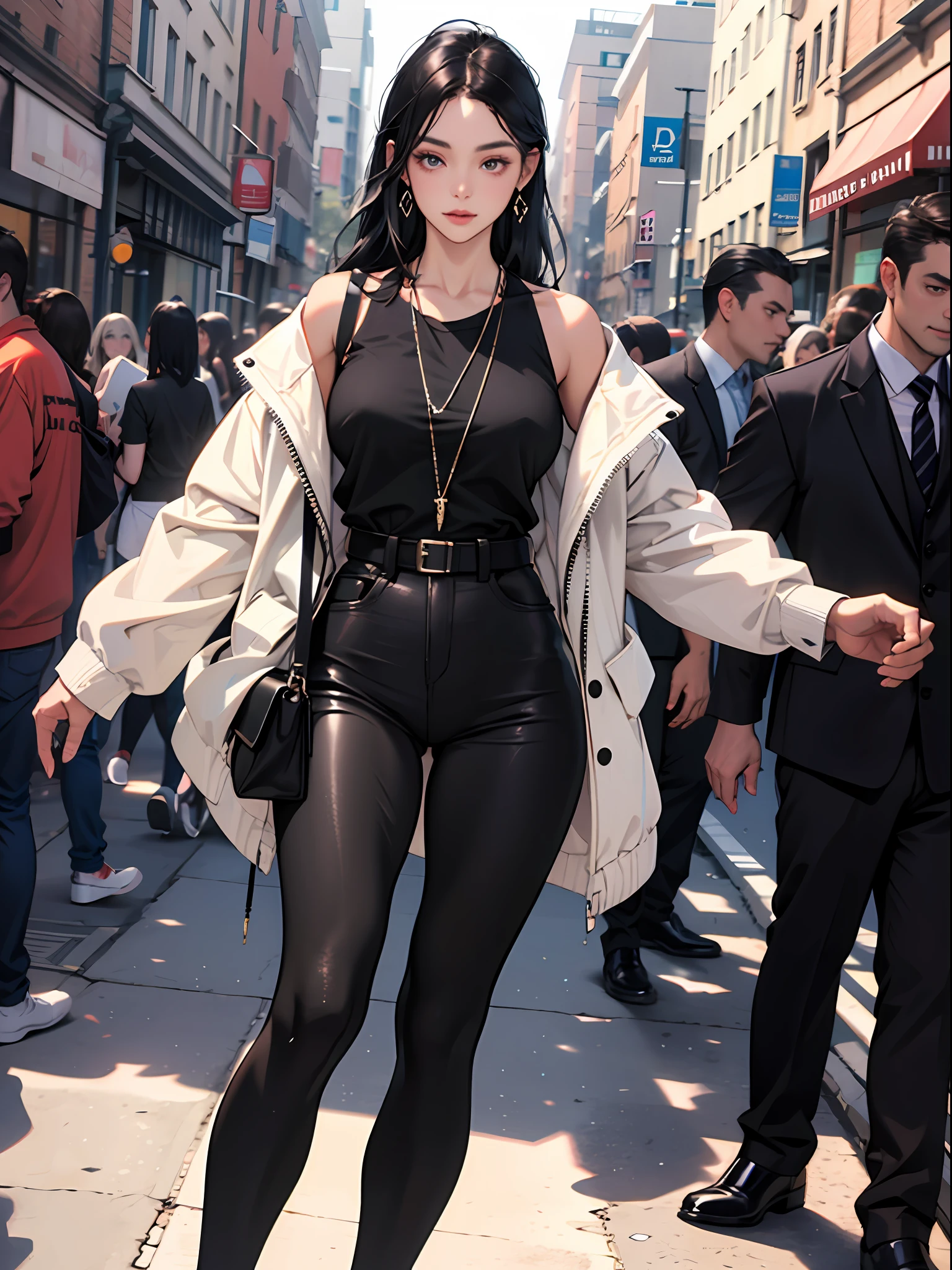 Young woman 25 years: 1.3, Long black hair: 1.2, Casual wear: 1.2, Daytime: 1.2, On the street: 1.2, Film lighting, Surrealism, UHD, ccurate, Super detail, textured leather, slightly tanned skin, dark eyes, High detail, Best quality, 8k