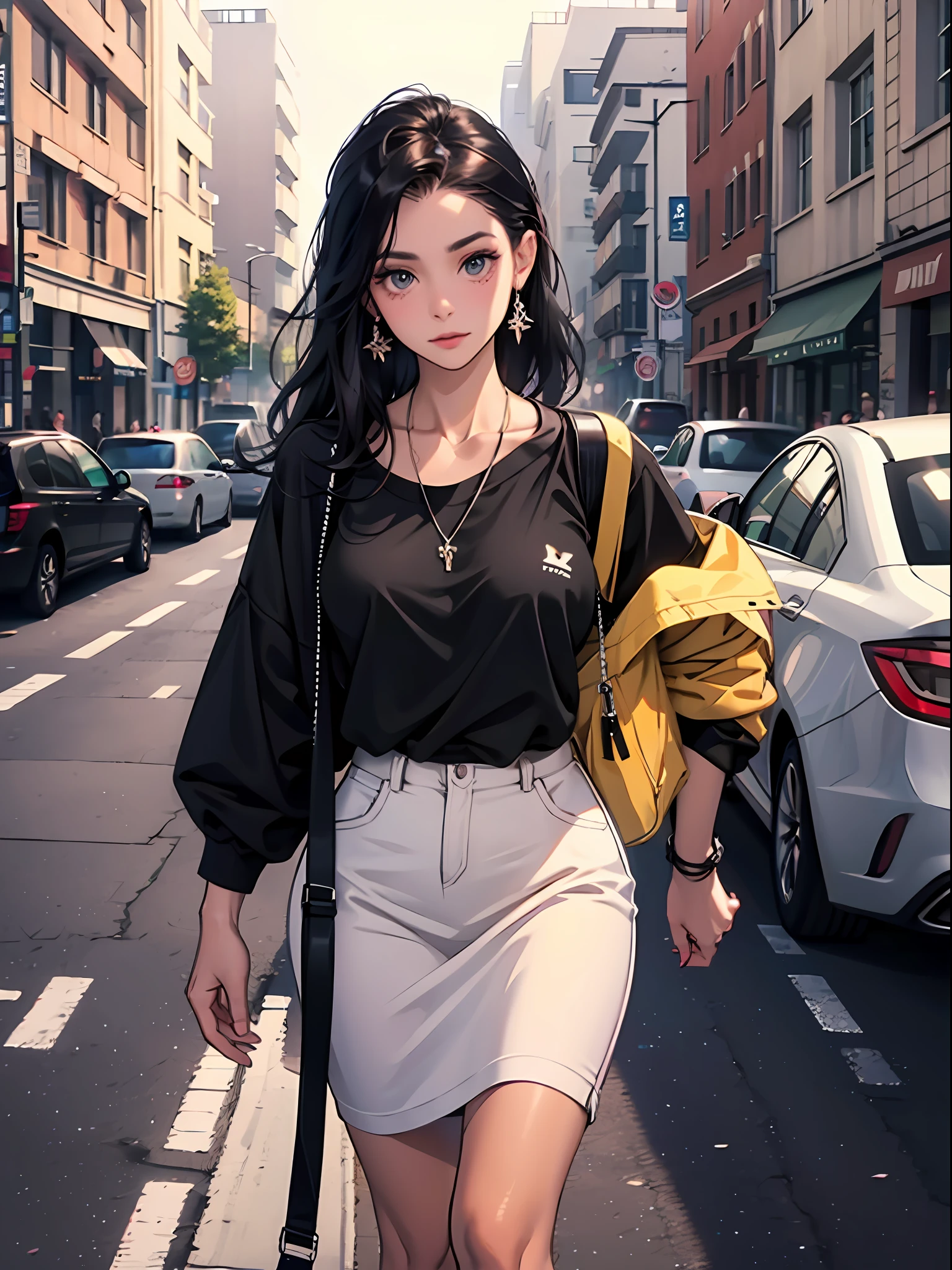Young woman 25 years: 1.3, Long black hair: 1.2, Casual wear: 1.2, Daytime: 1.2, On the street: 1.2, Film lighting, Surrealism, UHD, ccurate, Super detail, textured leather, slightly tanned skin, dark eyes, High detail, Best quality, 8k