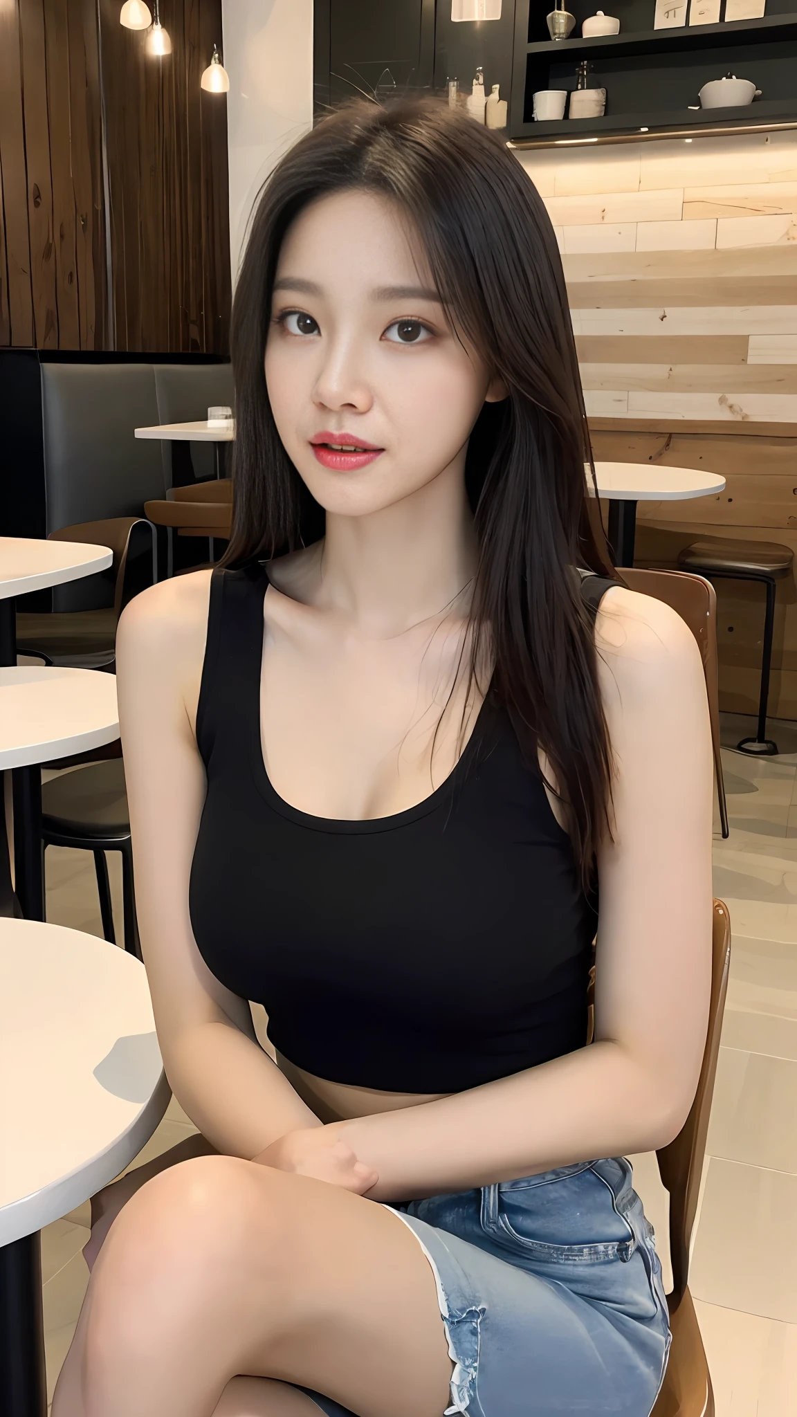 (Realistic, high resolution:1.2), 1 girl, super fine face and eyes, long hair, skinny black tank top, short jeans, sitting on coffee chair, in a café, coffee on the table, big breasts