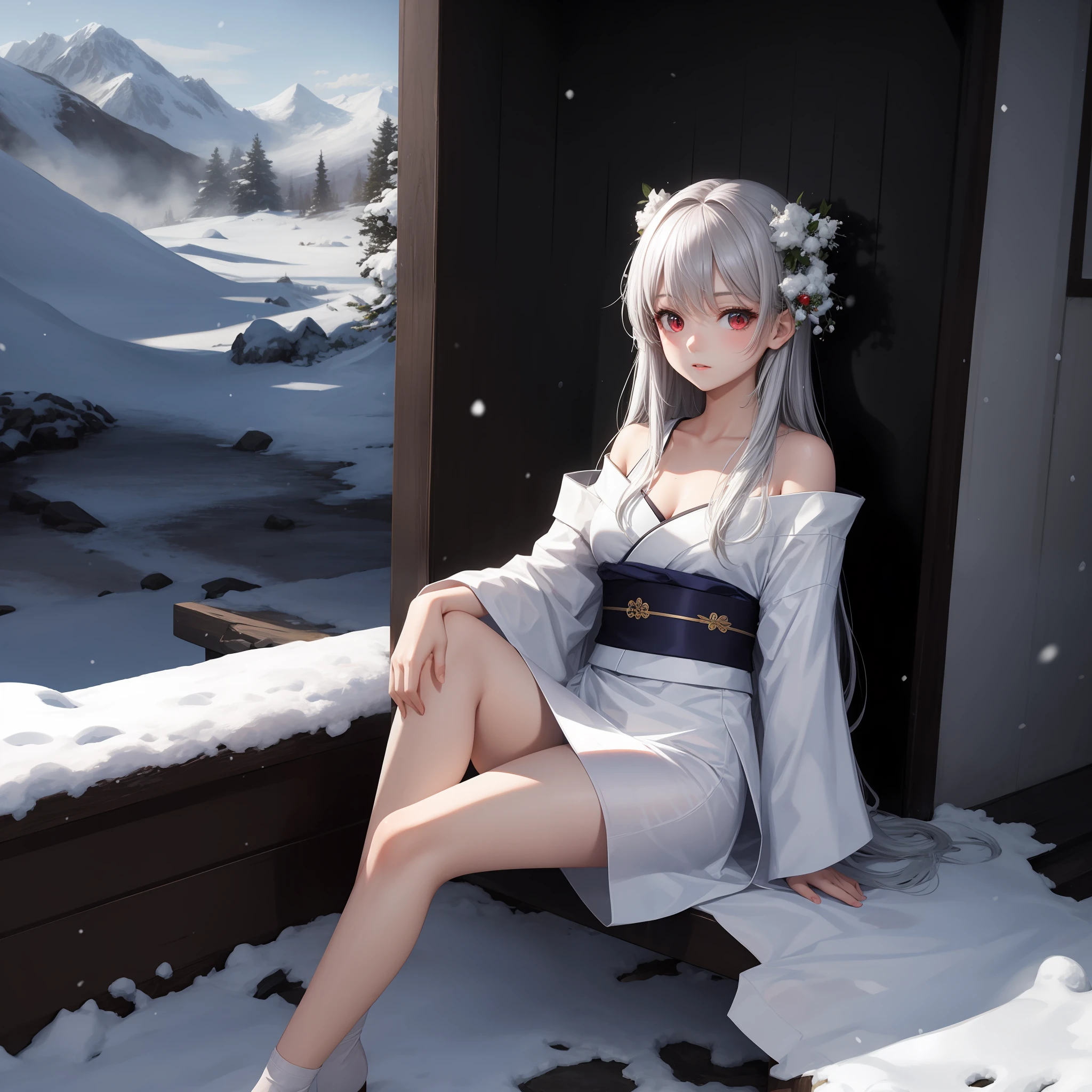 gray hair, long hair, red eyes, girl, alone, solo, 1girl, white kimono, off shoulder, snowy mountain, blizzard, snow background, snow woman
