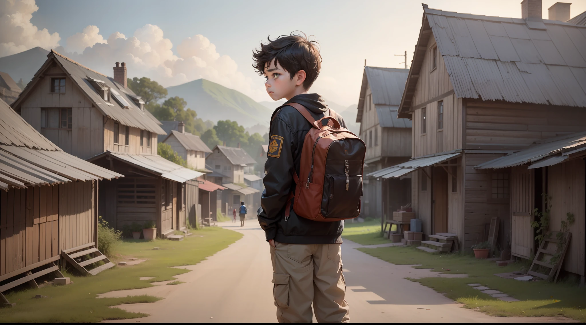 A young boy with a determined expression on his face, standing amidst a rustic village backdrop.