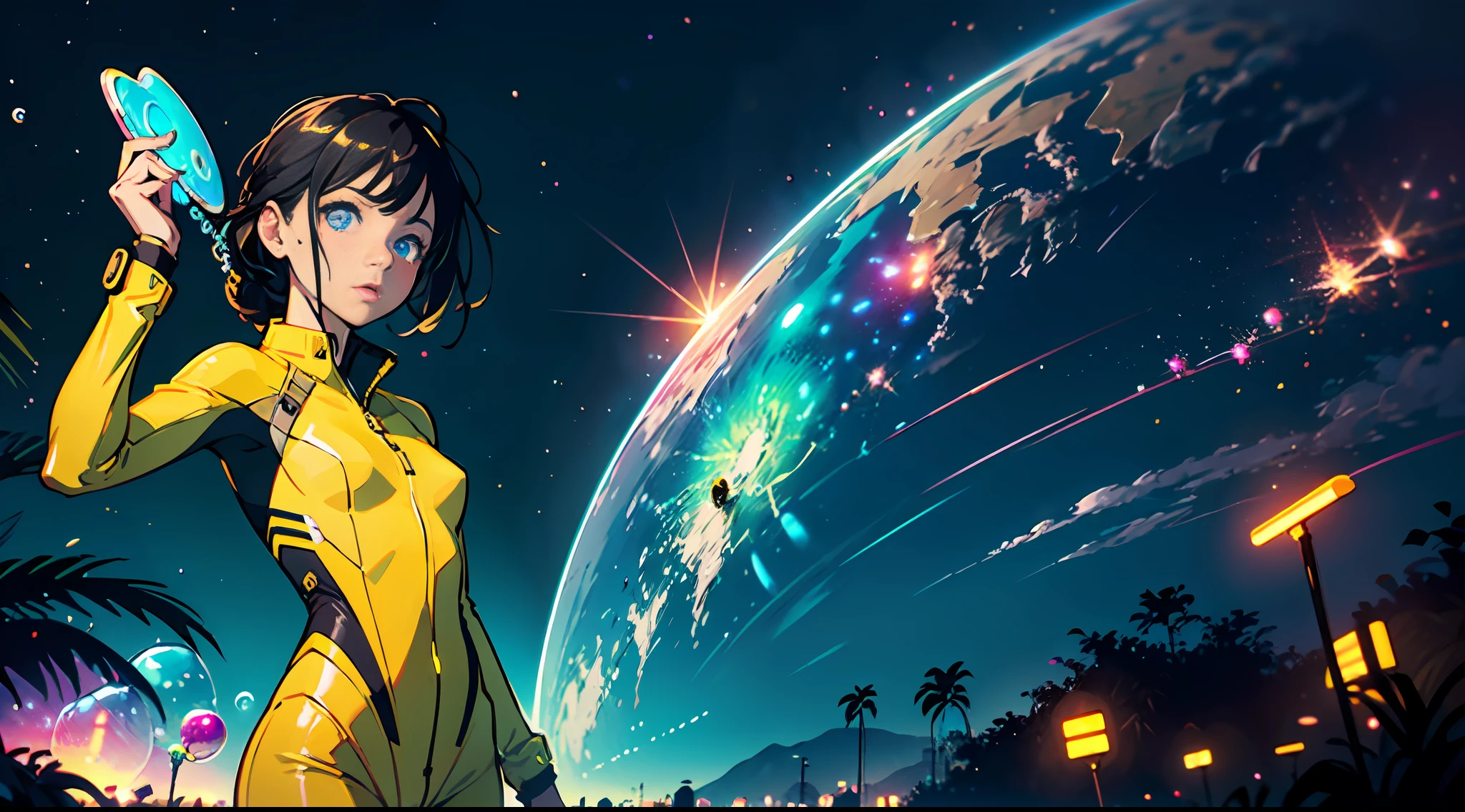 hd masterpiece, one standing woman space cadet looking at camera, detailed face, mid shot, golden suit, colorful clouds and ((neon soap bubbles)), jungles background