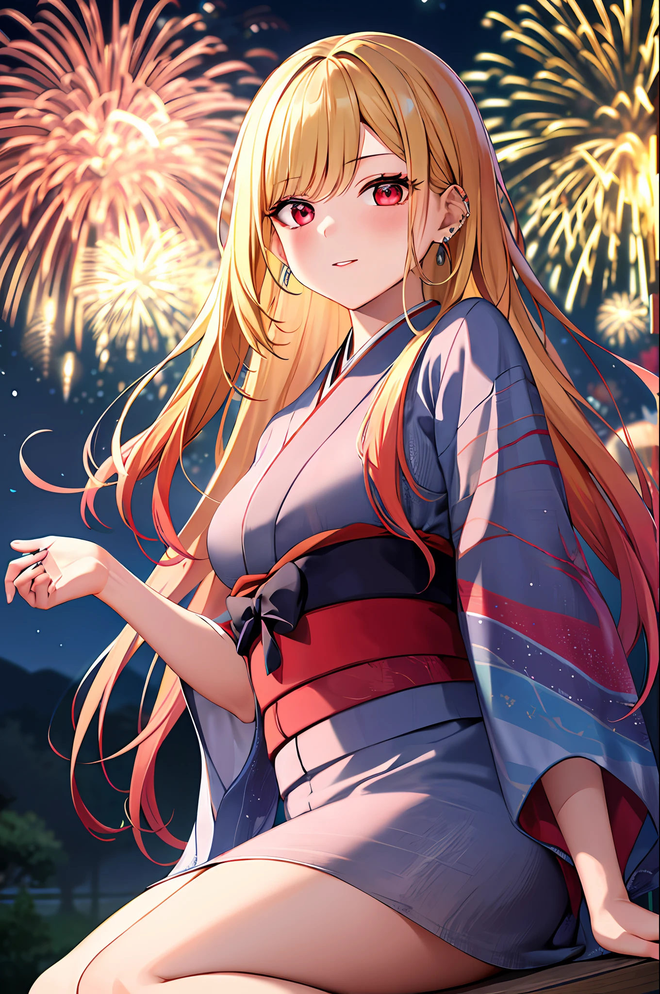 masterpiece, best quality, highres, kitagawa marin, 1girl, blonde hair, long hair, multicolored hair, red eyes, jewelry, earrings, piercing, kimono,fireworks,