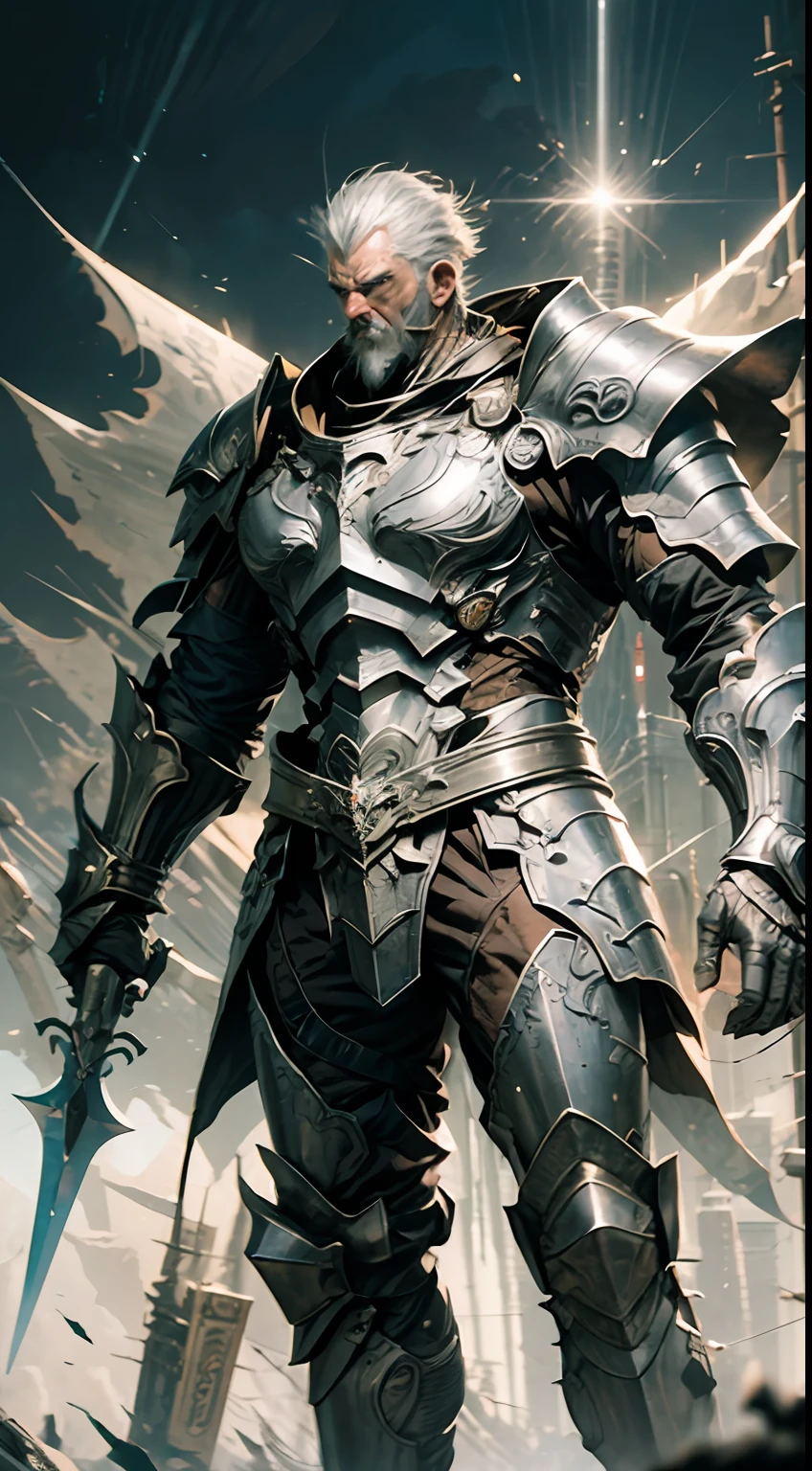 "A cinematic scene of a silver armored warrior man, with expertly crafted heavy armor that shines in the cinematic lighting."