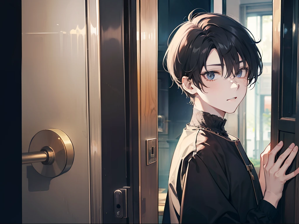 A man with short black hair, big eyes, small mouth, standing, close to the door, ear pressed to the door, eavesdropping posture