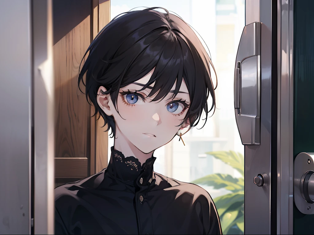 A man with short black hair, big eyes, small mouth, standing, close to the door, ear pressed to the door, eavesdropping posture