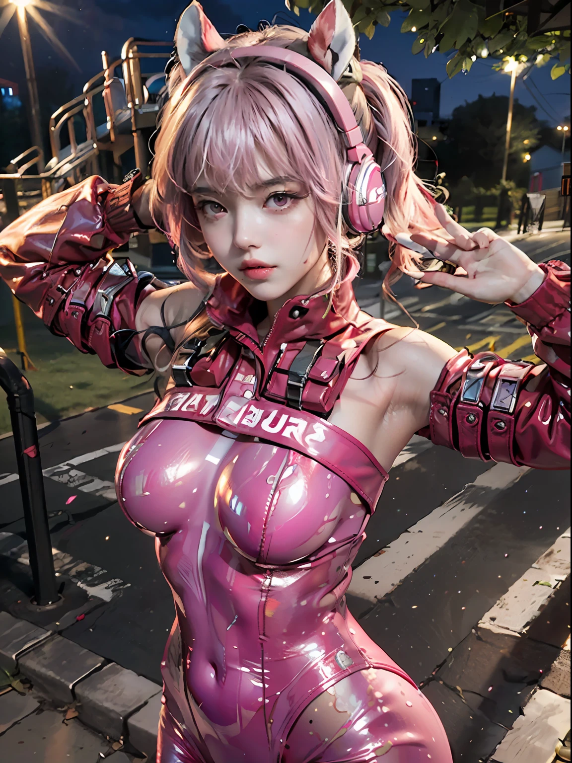Best Quality, Masterpiece, Ultra High Resolution, (Realisticity: 1.9), Original Photo, 1Girl, Bare Shoulder, Close Up, Asian, Outdoor, Playground, Movie Lighting , bangs, bodysuit, breasts, covered navel, cropped jacket, gloves, headphones, impossible bodysuit, jacket, large breasts, long hair, long sleeves , medium breasts, parted lips, pink bodysuit, pink eyes, pink hair, puffy sleeves, red jacket, shrug \(clothing\), skin tight, solo, twintails,alice \(nikke\),(masterpiece:1.4),(best quality:1.4),(shiny skin),realistic