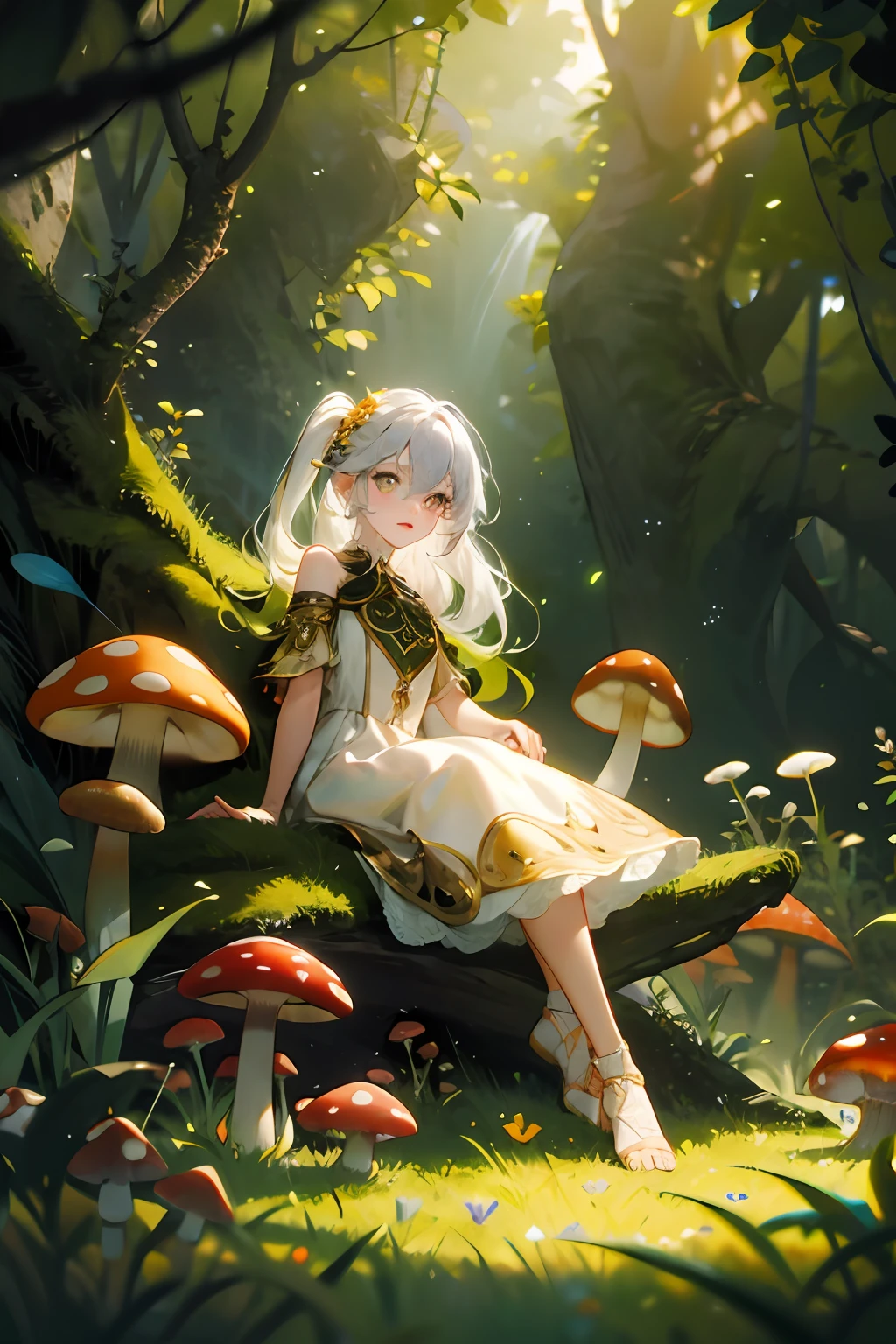 Natural light, hazy, (color: 1.1), (masterpiece: 1,2), best quality, masterpiece, high definition, original, extremely detailed wallpaper, 1 girl, solo, toddler girl, light gray long hair, white dress with gold embroidery, golden orange elements, glow, flowing hair, full body, sitting on mushrooms, cocked legs, holding mushrooms, magical fantasy forest, glowing flowers and mushrooms, sunny day, (sunny light), light, dynamic lighting, film shooting