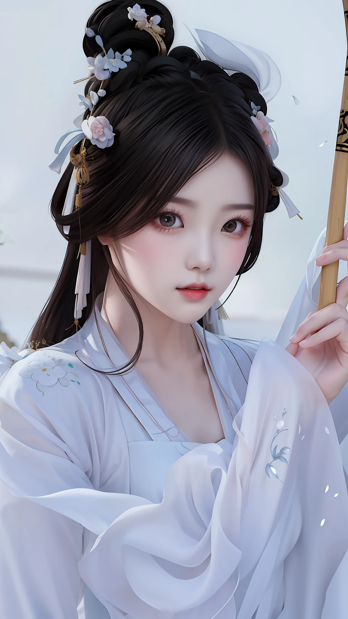 a close up of a woman in a white dress holding a bamboo stick, palace ， a girl in hanfu, white hanfu, traditional beauty, chinese girl, ancient chinese beauties, chinese woman, gorgeous chinese model, beautiful south korean woman, chinese princess, beautiful maiden, chinese style, traditional chinese, wearing ancient chinese clothes, a beautiful woman in white