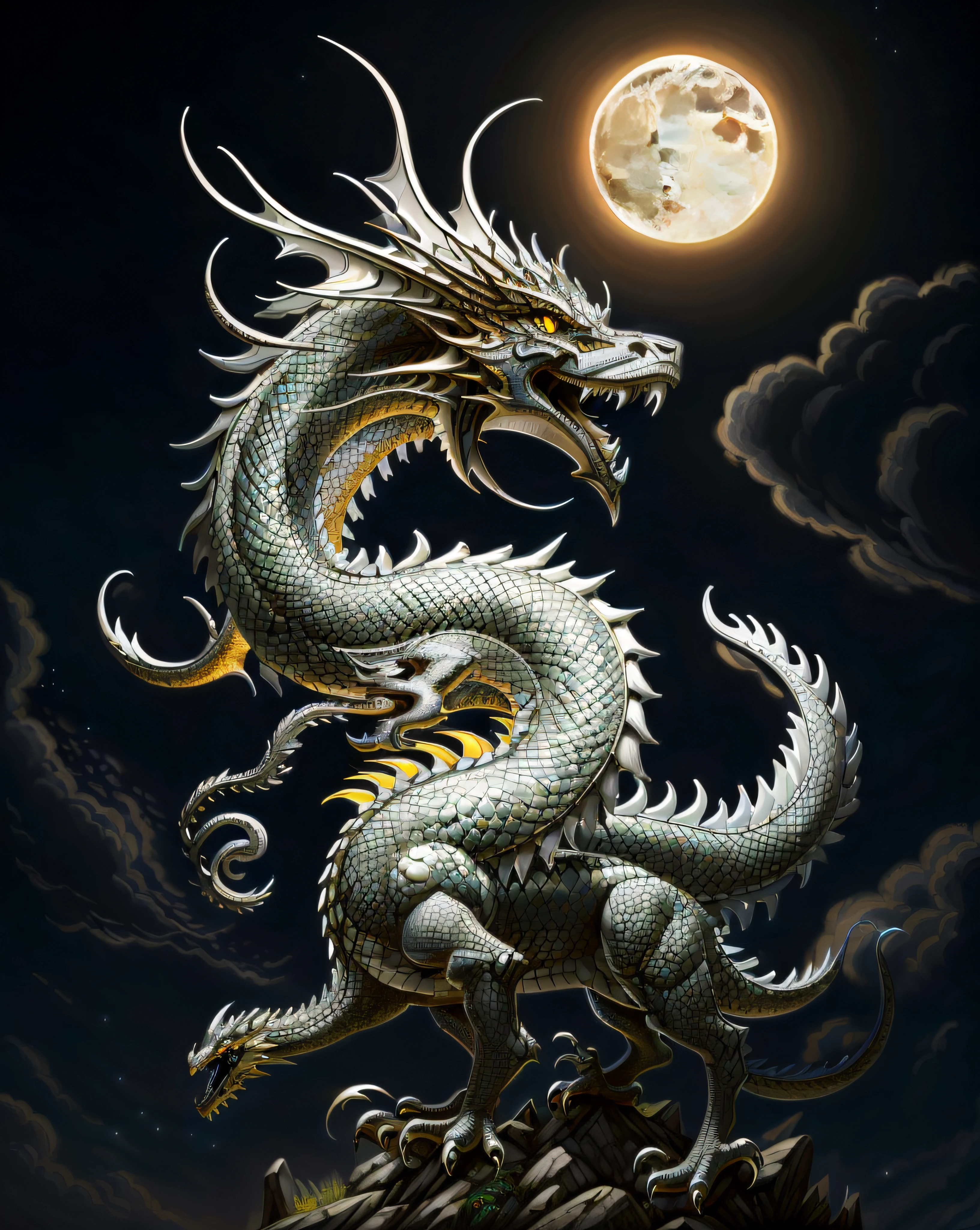 arafed white dragon with yellow eyes and a full moon, dragon art, smooth chinese dragon, chinese dragon concept art, dragon, loong, chinese dragon, god of dragons, oil painting of dragon, lung dragon, digital painting highly detailed, dragon centered, a dragon made of clouds, cyan chinese dragon fantasy, dragon mawshot art, colossal dragon as background --auto