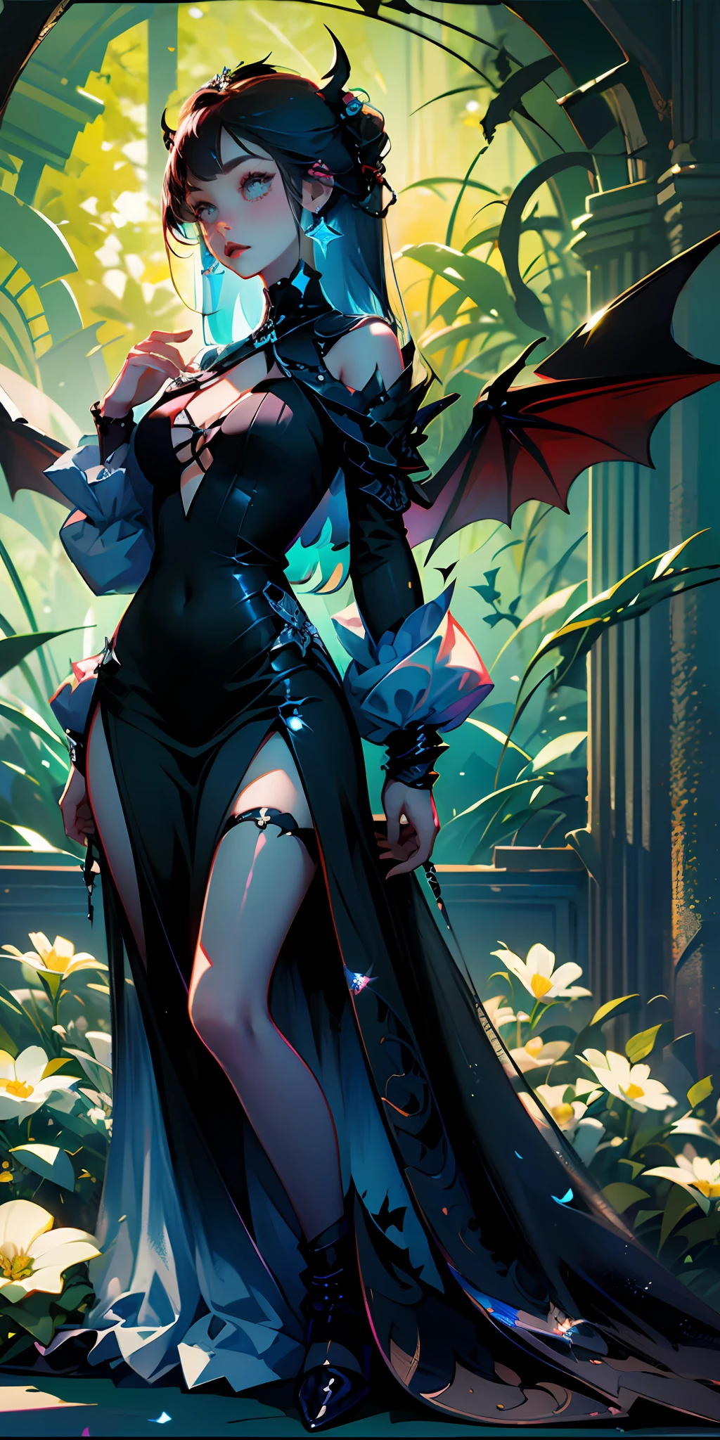 Official art, character sheet, 1 girl, long black dress, blue long hair, dark makeup, bat wings, flowers in hair --auto --s2