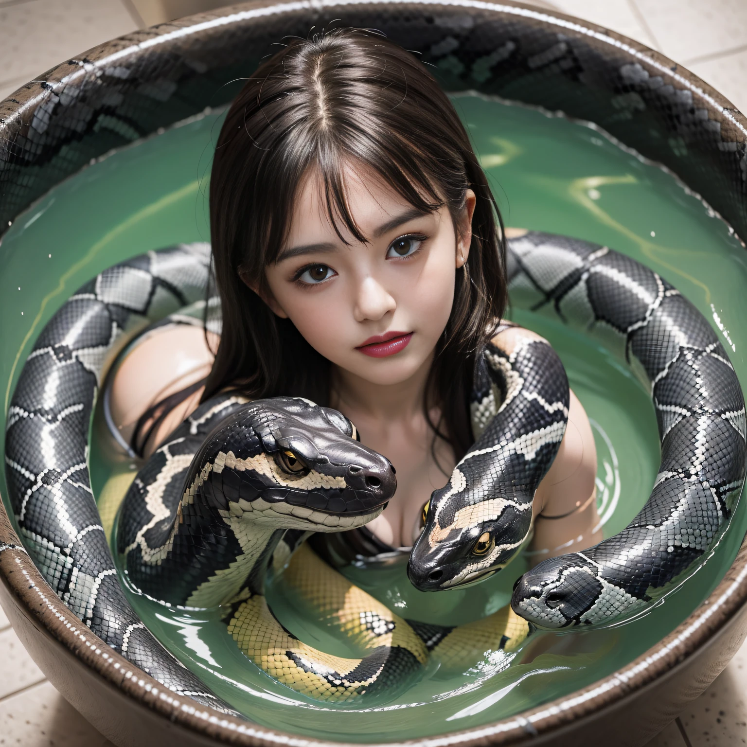 real high definition beautiful girl beautiful girl beautiful girl beautiful face big eyes beautiful skin beautiful face real photo (two beautiful girls in a big bathtub, white thin fabric micro bikini, snake does not see the girl's upper body, there are many black big snakes in the bathtub, it is full of big black snakes, there are snakes on the heads of two beautiful girls in heaps), many black snakes intertwine with girls, Happy expression of a girl Comfortably soaking in the snake bath, on the head of a girl leaning on a snake, both girls love a big snake, both of them are kissing a large snake, full of snakes, two people are buried with snakes