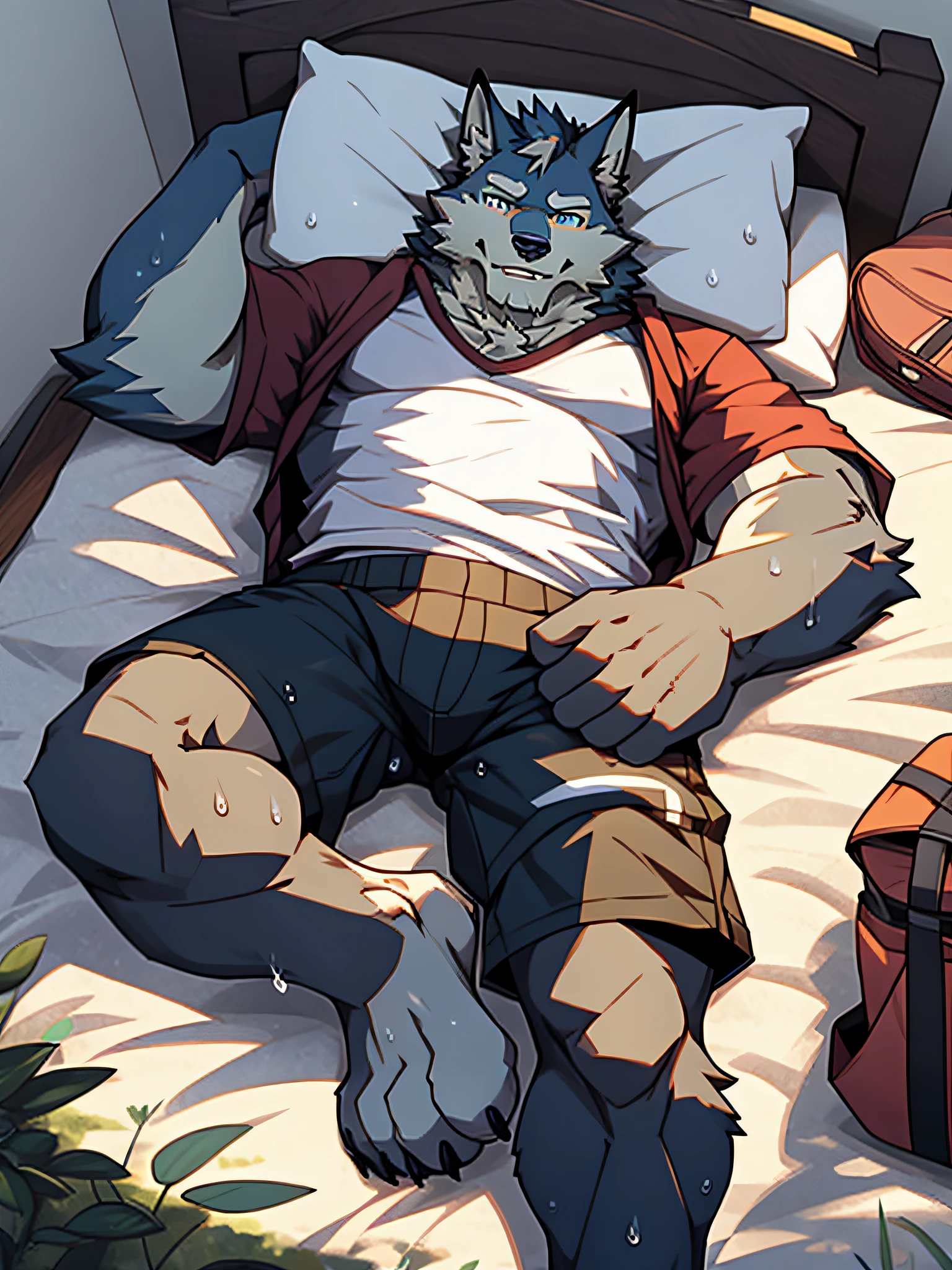 Lying in bed, wolf boy, looking at the audience, shirt, shorts, wet, overlook, low perspective, hairy, beautiful face, hands on pants, legs spread, sweating, big bag at the crotch