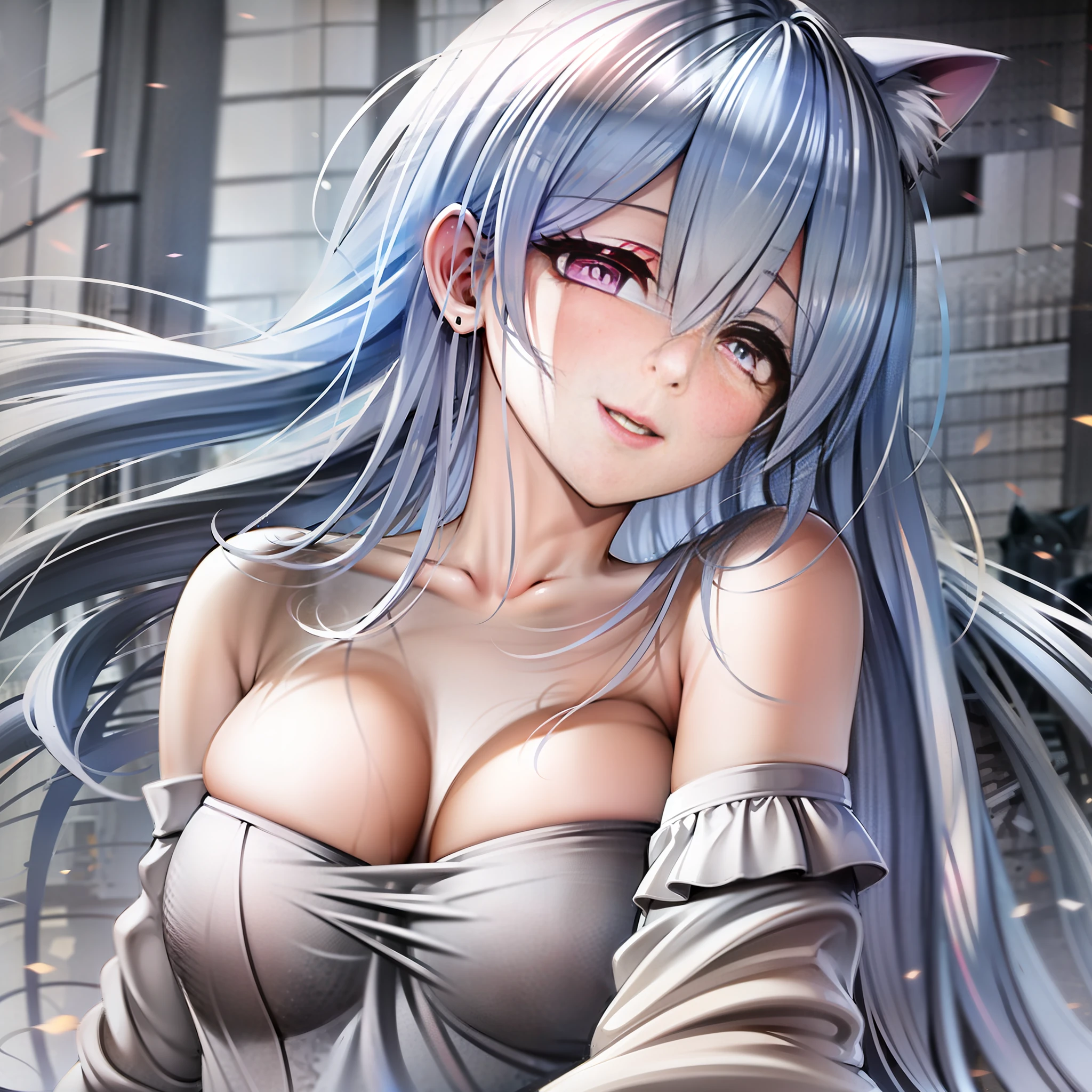 sexy, woman, camisole, smile, cat ears, gray hair, shining eyes, anime,