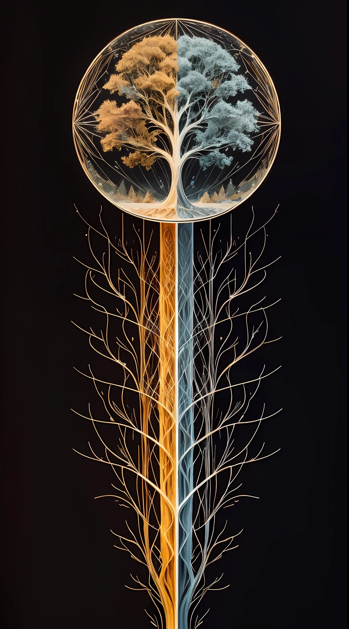 Beautiful symmetrical full body photo painted in oil with thick brushstrokes and wet paint, Fibonacci, golden ratio, melted wax, visible brushstrokes, surrounded by crystal spheres, 3D tessellation wireframe, neural graphic, neurons, tree of life, color, love, passion, oil on canvas, thick brushstrokes, insanely detailed, 8k uhd, masterpiece, artstation, surreal, light yellow background