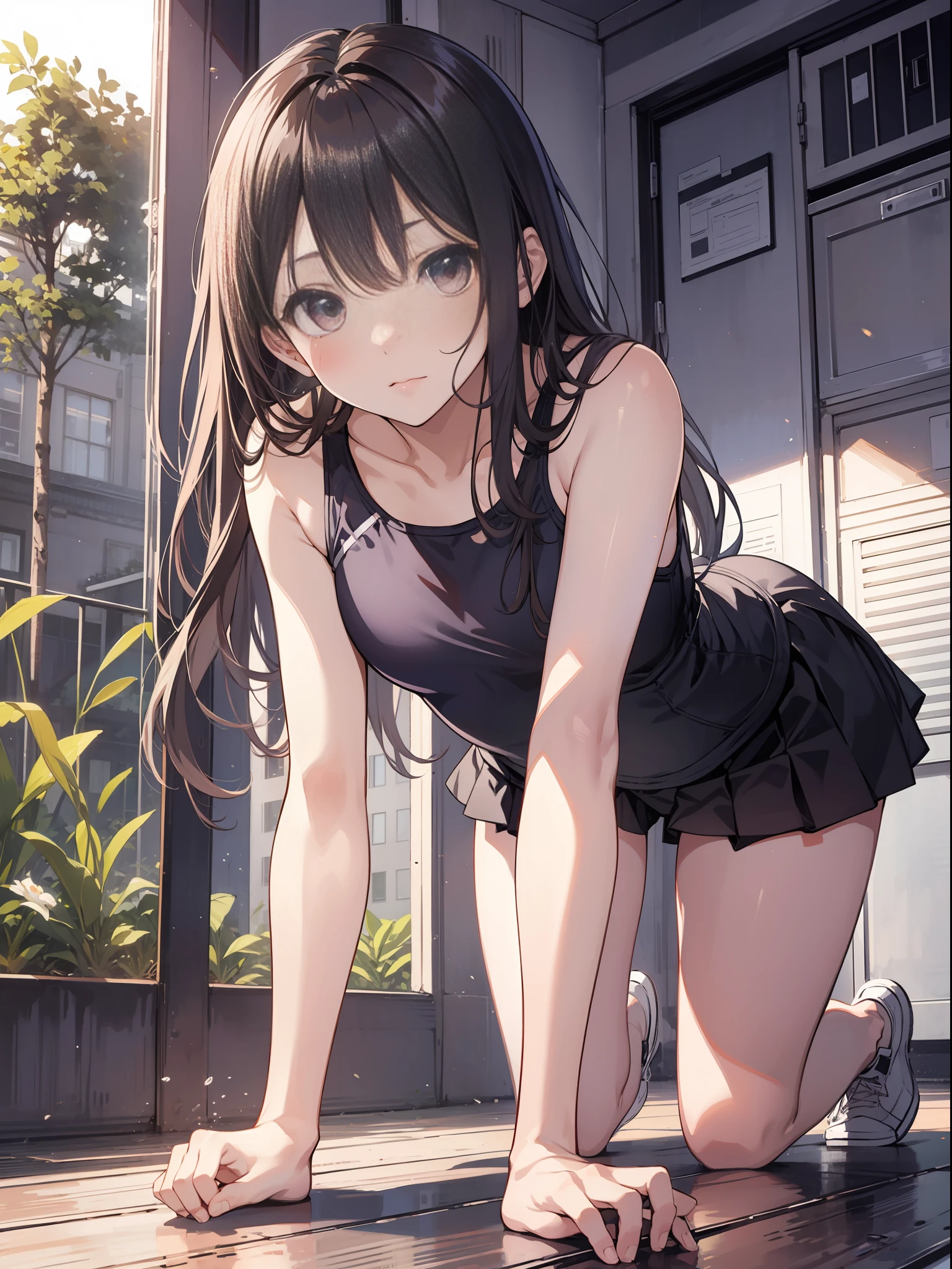 slender beautiful girl, alone, school swimsuit, high resolution, top quality, fine details, no blush, knee high, skirt, dynamic angle, crawling on all fours