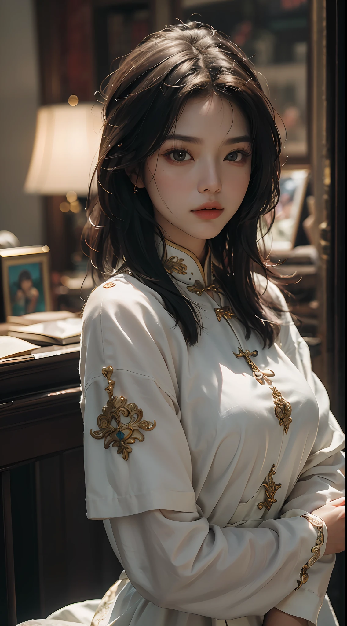 Best quality, (RAW photo: 1.2), (Masterpiece: 1.4), (Realistic: 1.4), (High resolution: 1.4), Chinese actress Guli Naza, depth of field, intricate details, 8k, very detailed, perfect lighting, epic background