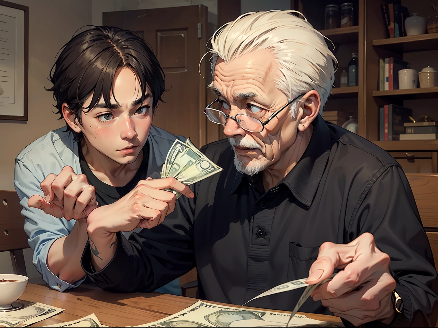 Young man gives money to old man with a clear face