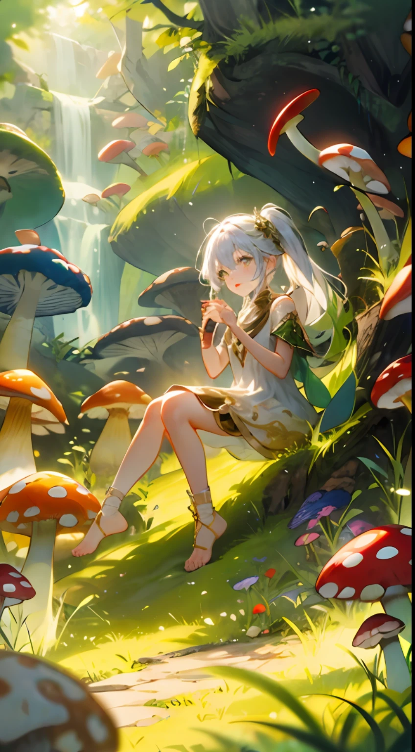 Natural light, hazy, (color: 1.1), (masterpiece: 1,2), best quality, masterpiece, high definition, original, extremely detailed wallpaper, 1 girl, solo,  girl, light gray long hair, white dress with gold embroidery, golden orange elements, glow, flowing hair, full body, sitting on mushrooms, cocked legs, holding mushrooms, magical fantasy forest, glowing flowers and mushrooms, sunny day, (sunny light), light, dynamic lighting, film shooting