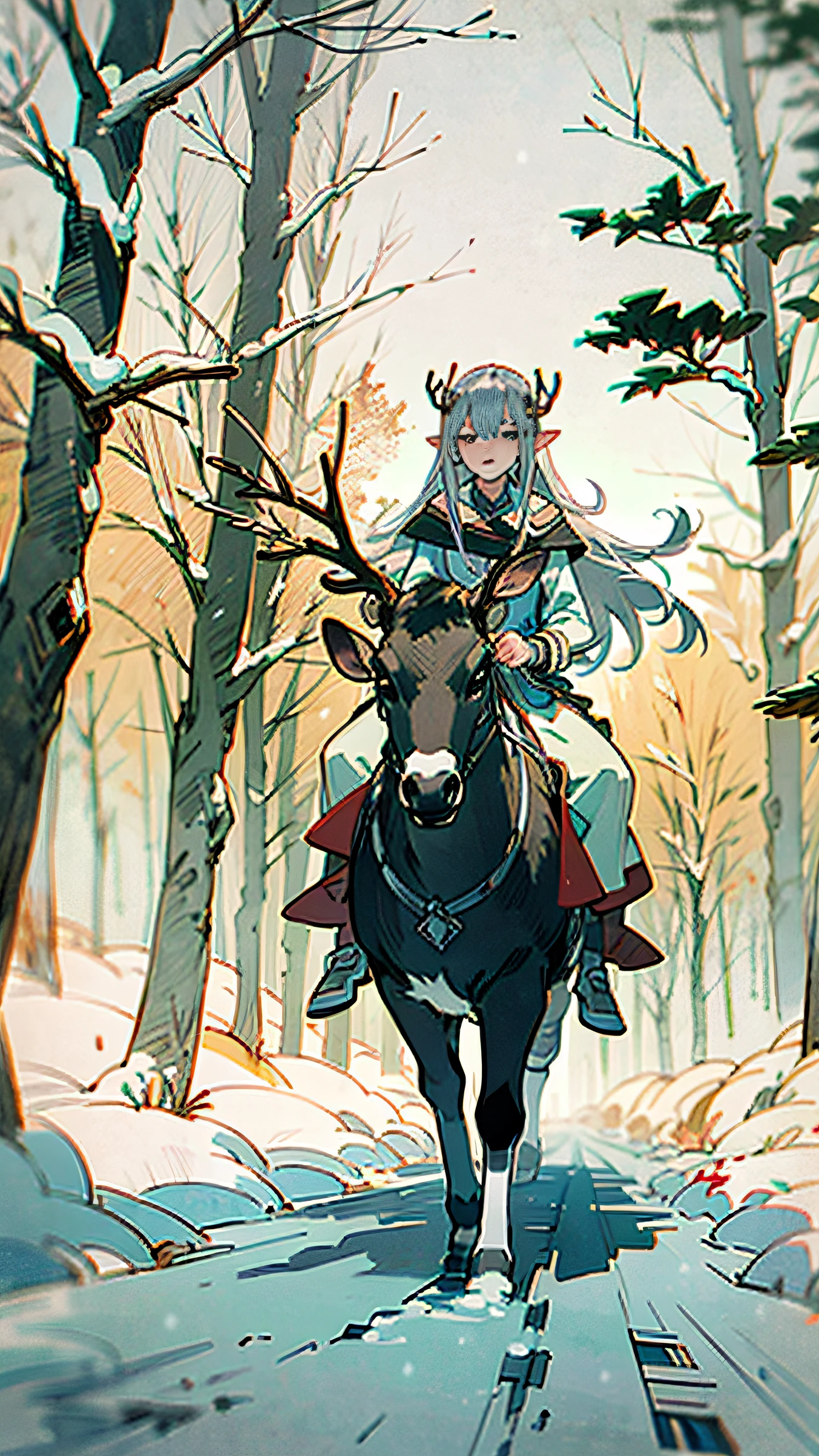Elf King, Long Silver Hair, Pointy Ears, Riding on Deer, Antlers, In the Forest, Snow, Full Body, Look at Viewer, Lonely, High Detail, Chiaroscuro, Sony FE GM, God Ray, Cinematic Lighting, 135mm, Vanishing Point, Ultra HD, Masterpiece, Best Quality, Award-Limited, High Resolution, 8k