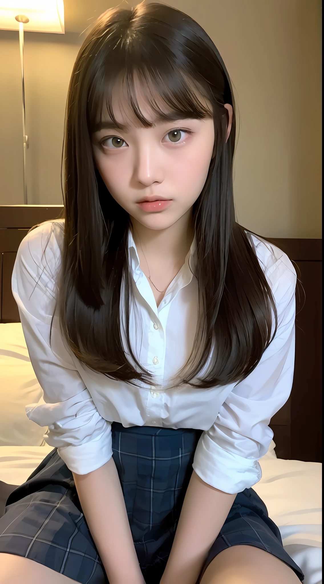 ((Top Quality, 8k, Masterpiece: 1.3)), 1 Girl, Beauty: 1.3, (Casual Hairstyle, Big: 1.2), Super Detail Face, Delicate Eyes, Double Eyelids, Soft Breasts, High School Student in School Uniform, Perched on Hotel Bed, With Bangs, Blurred Background