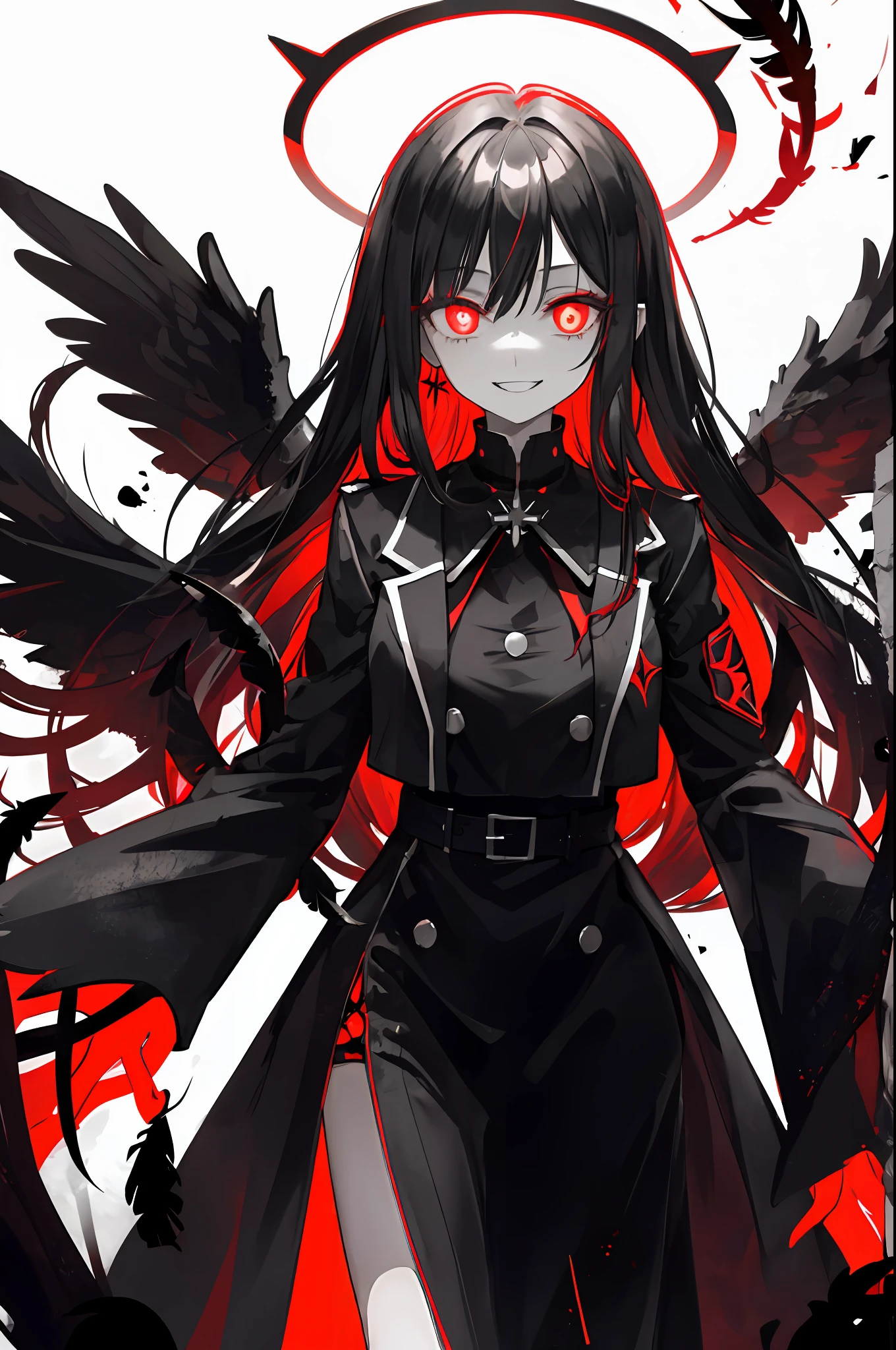 1girl, (scary), angel, gorgeos, on black water, (red halo), dark, glowing eyes, red eyes, angel wings, holy, sensual, red tunic, feathers, confident, smile, expressive eyes, collofull eyes, contrast, shadows, masterpiece, digital art, glowing eyes, intimidating, corrupted, demonic, abstract background, red white and black