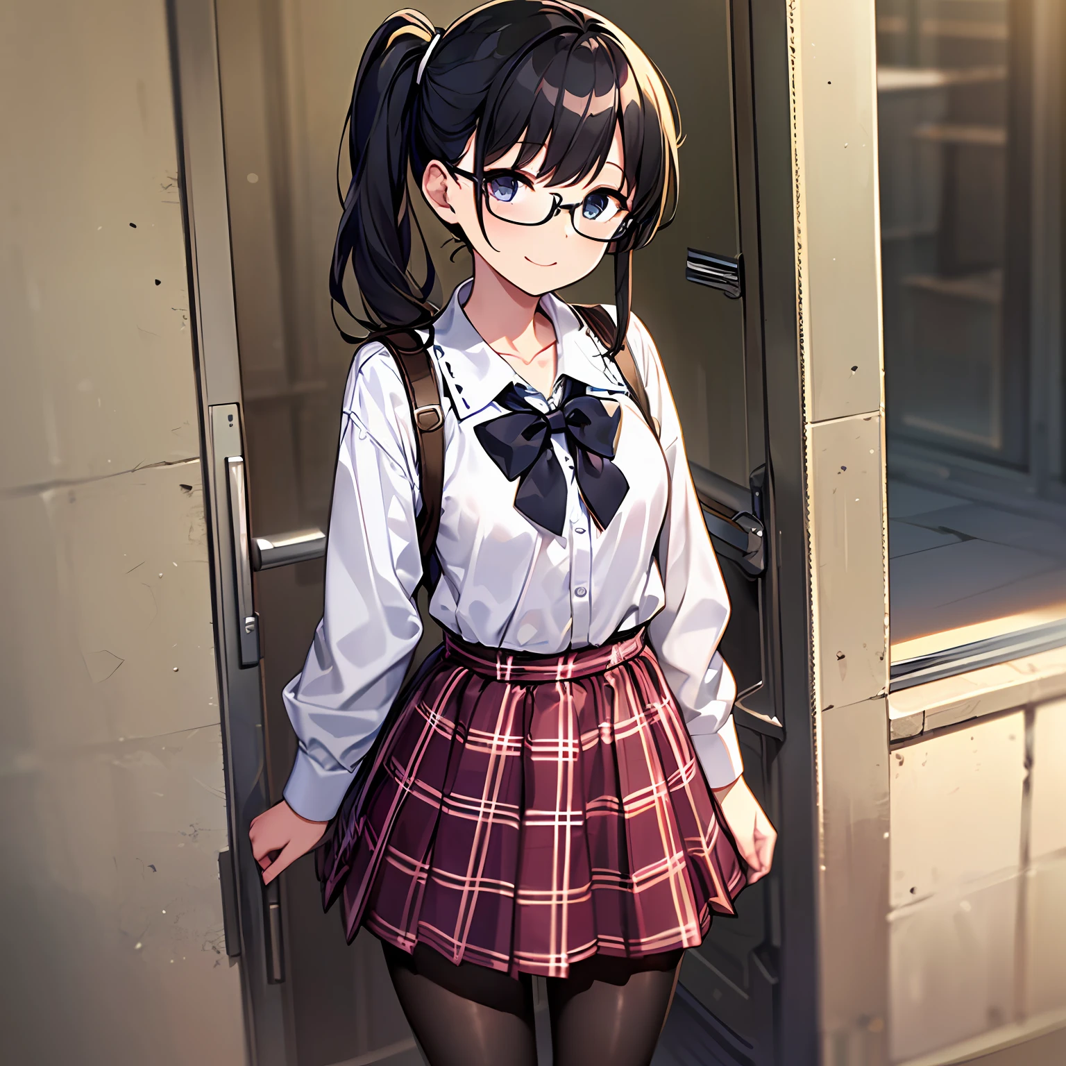 Super detailed, ((masterpiece, top quality, detailed)), natural light, white background, one girl, full body (standing facing the front), intellectual, neat, black-rimmed glasses, detailed hair (black hair long, side ponytail), uniform (summer clothes, plaid skirt, shiny black pantyhose), small breasts (petanko), black eyes (perfect eyes: 1.1), smile, hou-oh inkyoma