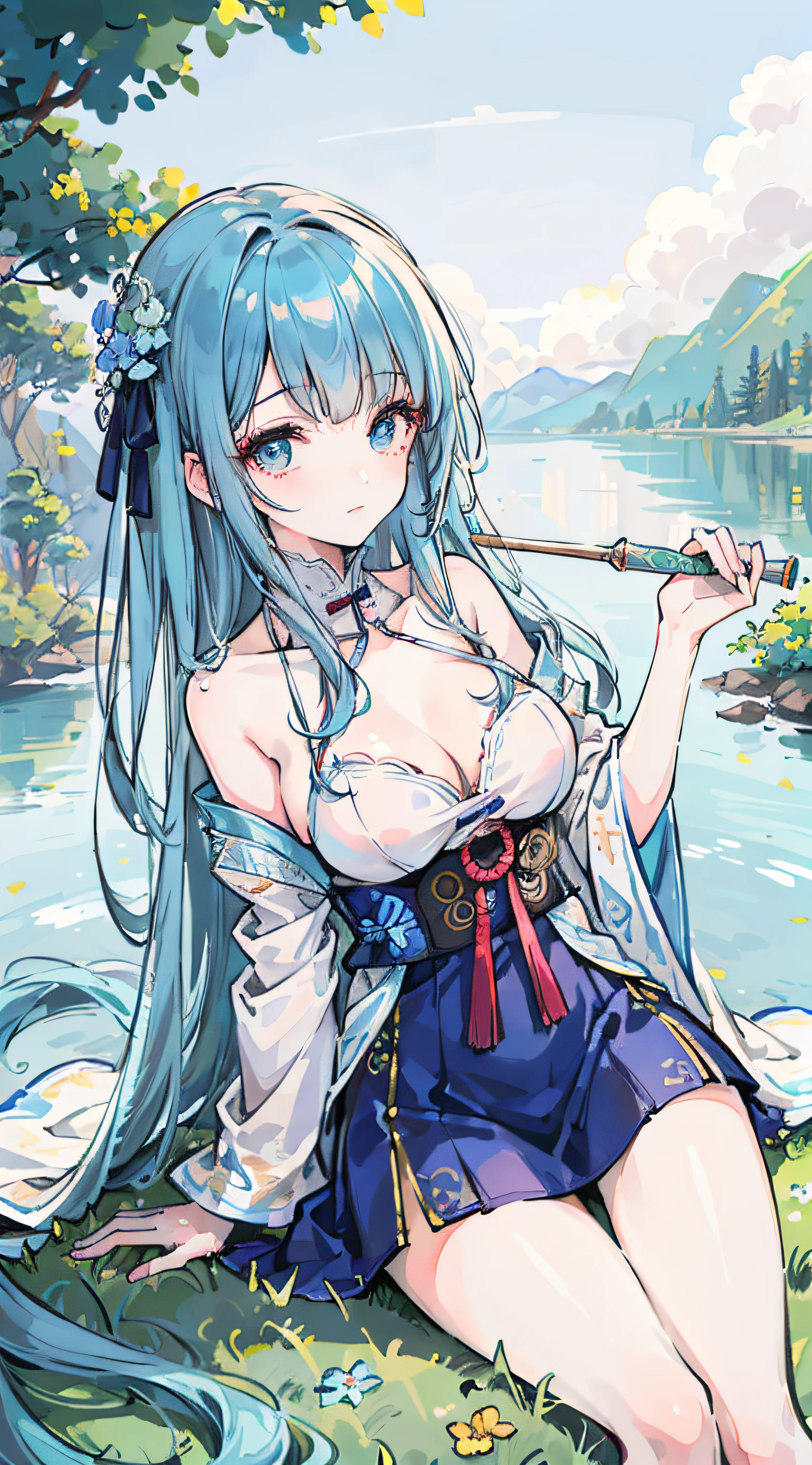 Masterpiece, best quality, art, 8k wallpaper, very detailed, illustration, 1 girl, sky blue hair, long hair, detailed eyes, Forrest Gump, bare shoulders, hanfu, lake, pure, soft smile, fair long legs, full breasts