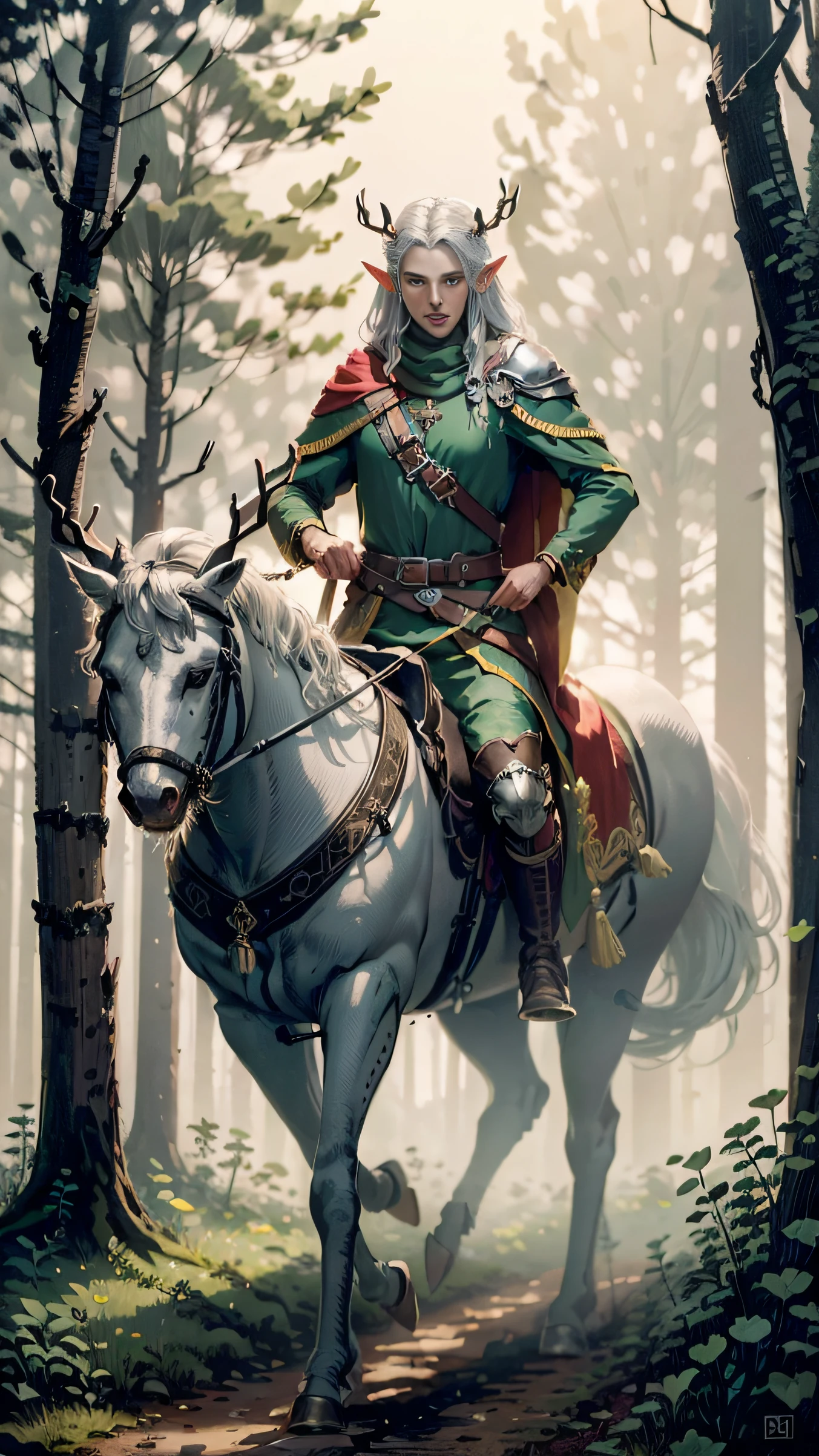 Elf King, Long Silver Hair, Pointy Ears, Riding on Gray Elk, Antlers, In the Forest, Full Body, Look at Viewer, Solitude, High Detail, Chiaroscuro, Sony FE GM, God Ray, Cinematic Lighting, 135mm, Vanishing Point, Ultra HD, Masterpiece, Best Quality, Award-Awarded, High Resolution, 8k