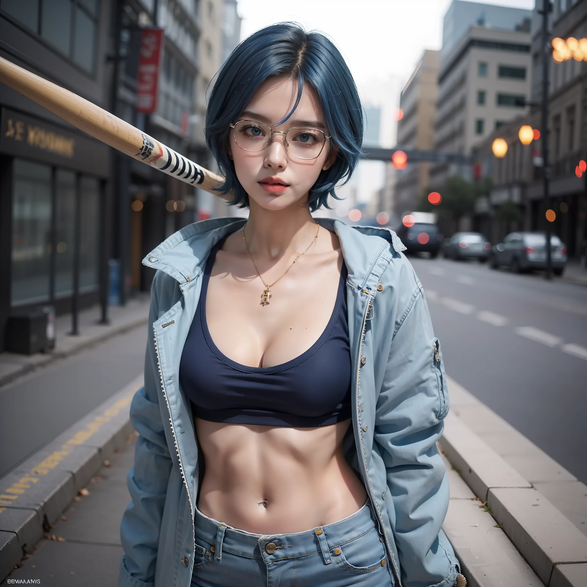 masterpiece, best quality, realistic, highly detailed, ((1girl)), ((solo)), cowboy shot, gangster girl, short hair, ((blue hair)), hair between eyes, tank top, blue jacket, tattoed body, baseball bat, short jeans, glasses, medium breasts, standing, city, outdoors, night,