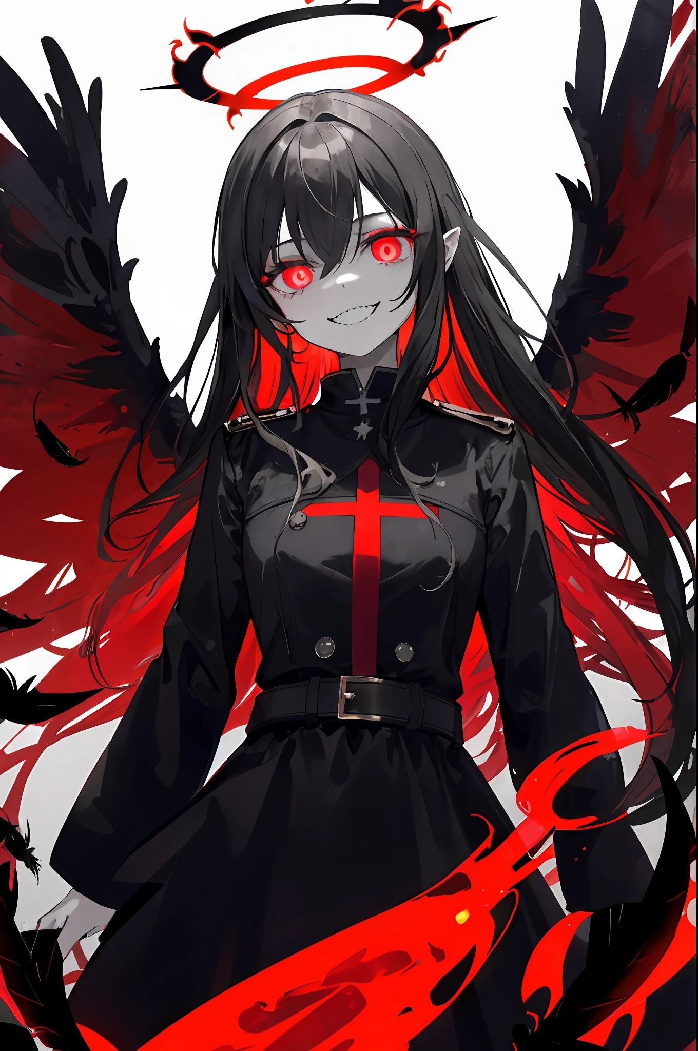 1girl, (scary), angel, gorgeos, on black water, (red halo), dark, glowing eyes, red eyes, angel wings, holy, sensual, red tunic, feathers, confident, smile, expressive eyes, collofull eyes, contrast, shadows, masterpiece, digital art, glowing eyes, intimidating, corrupted, demonic, abstract background, red white and black