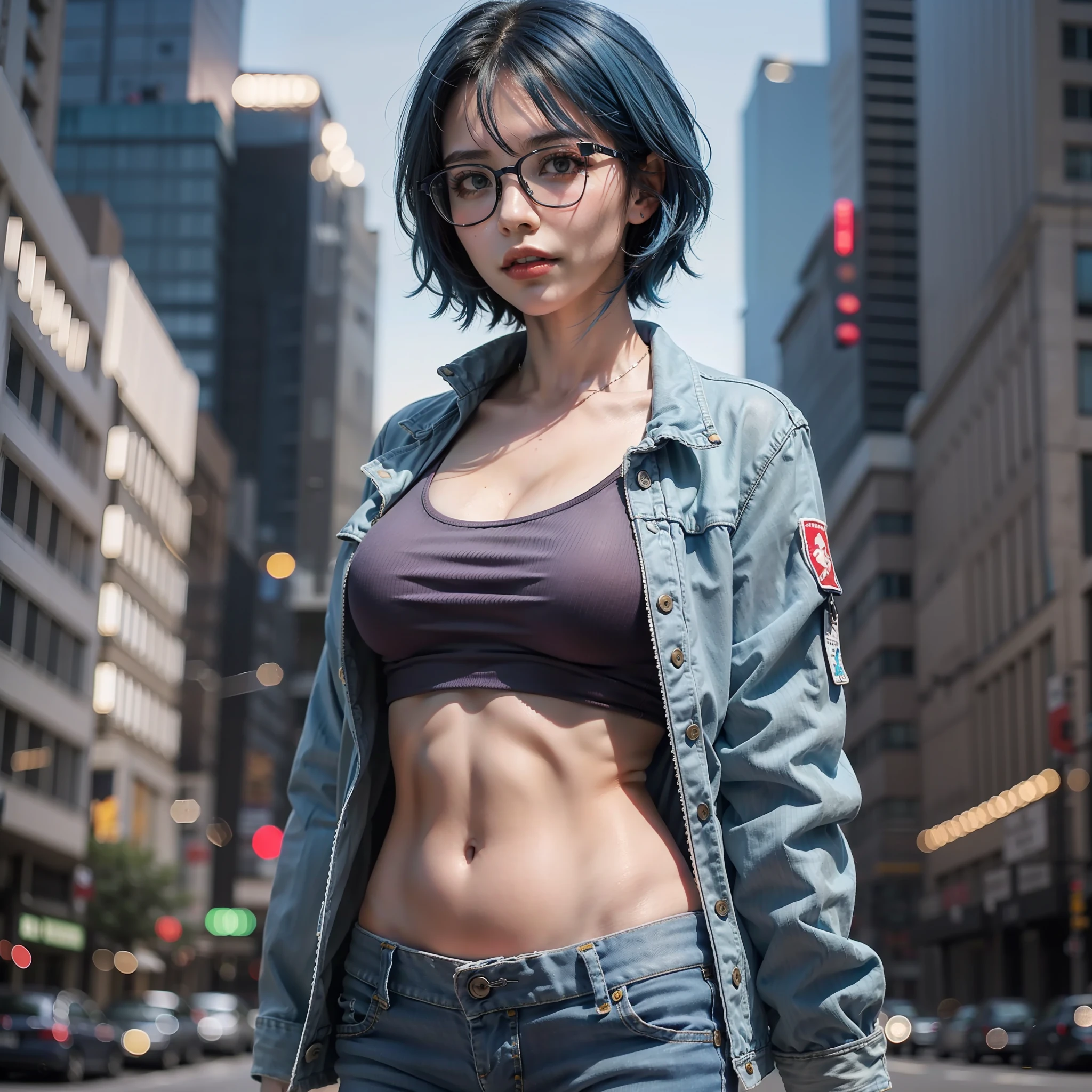 masterpiece, best quality, realistic, highly detailed, ((1girl)), ((solo)), cowboy shot, gangster girl, short hair, ((blue hair)), hair between eyes, tank top, blue jacket, tattoed body, baseball bat, short jeans, glasses, medium breasts, standing, city, outdoors, night,