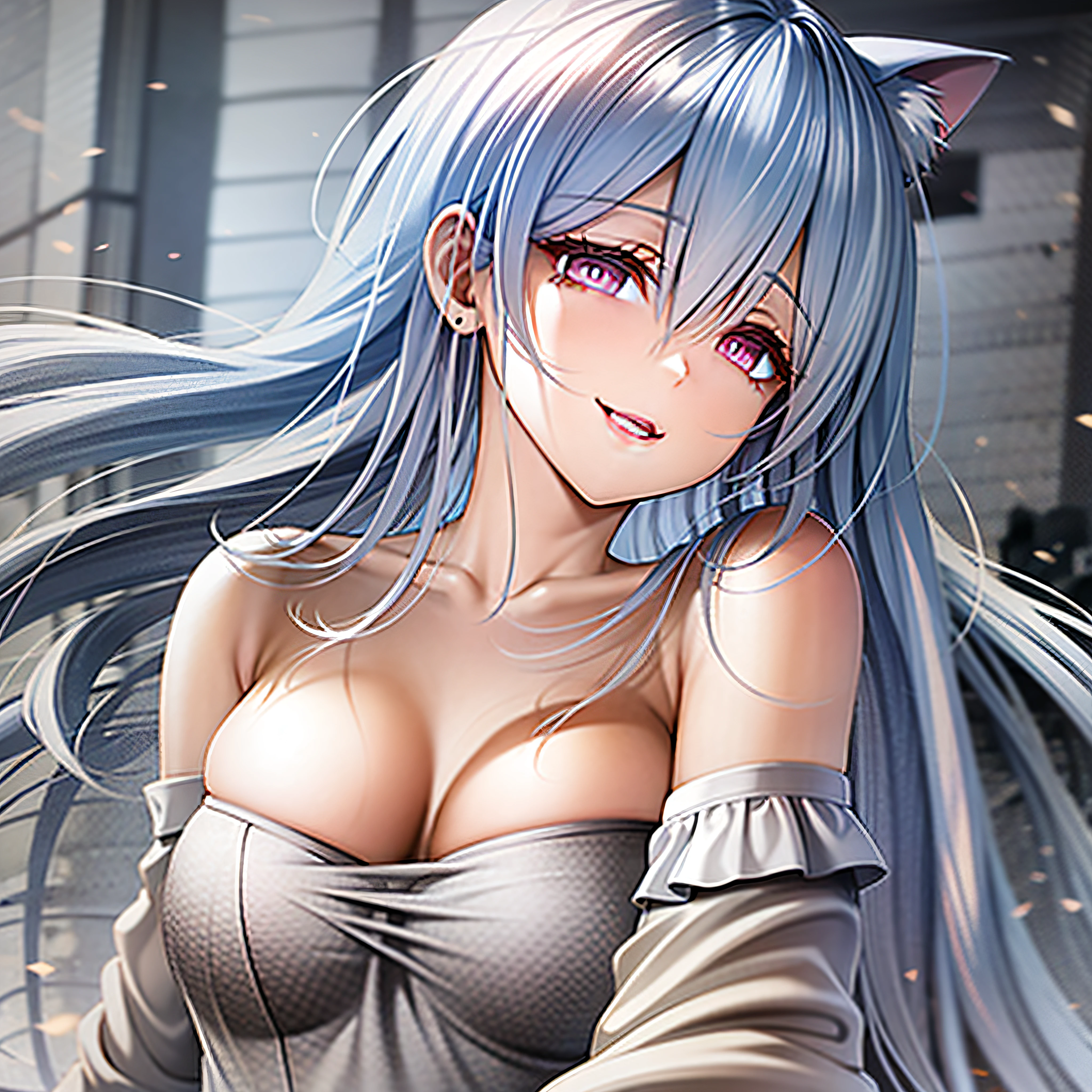 sexy, woman, camisole, smile, cat ears, gray hair, shining eyes, anime,