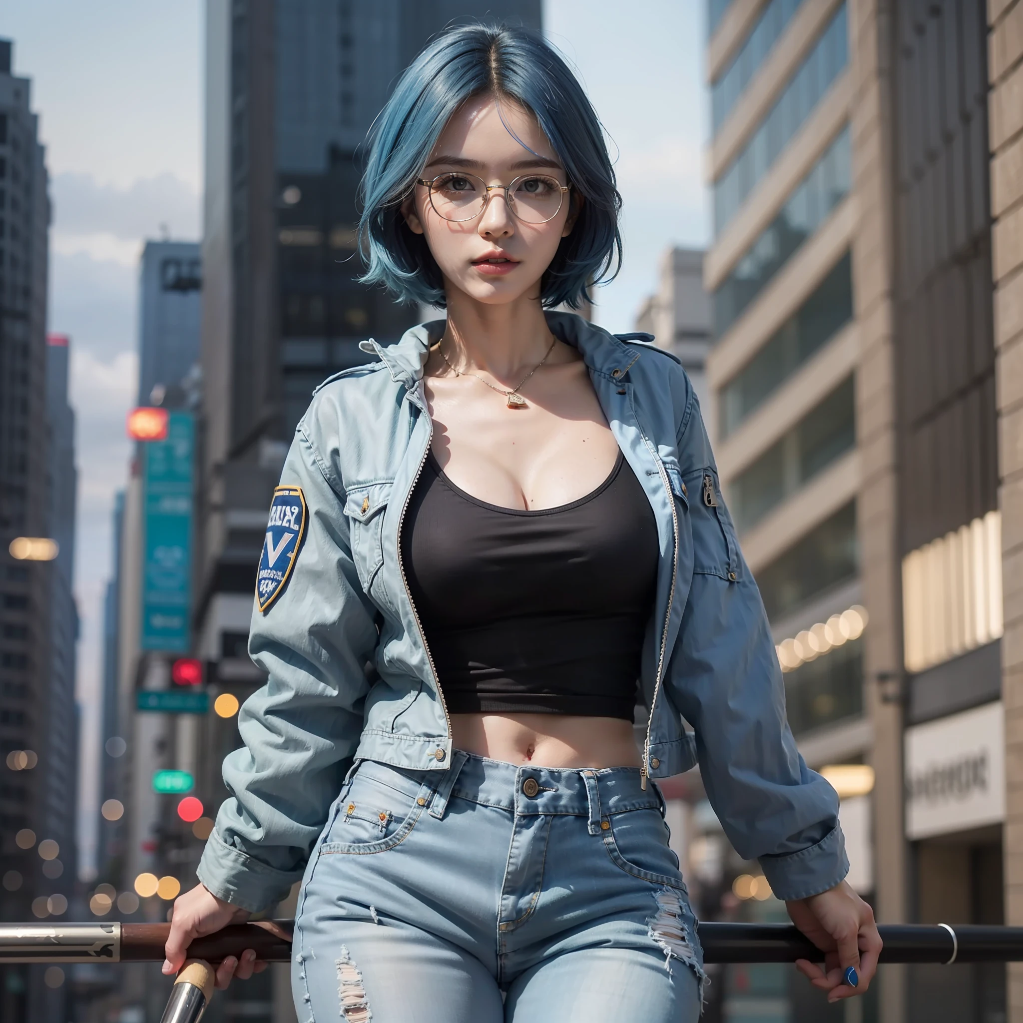 masterpiece, best quality, realistic, highly detailed, ((1girl)), ((solo)), cowboy shot, gangster girl, short hair, ((blue hair)), hair between eyes, tank top, blue jacket, tattoed body, baseball bat, short jeans, glasses, medium breasts, standing, city, outdoors, night,