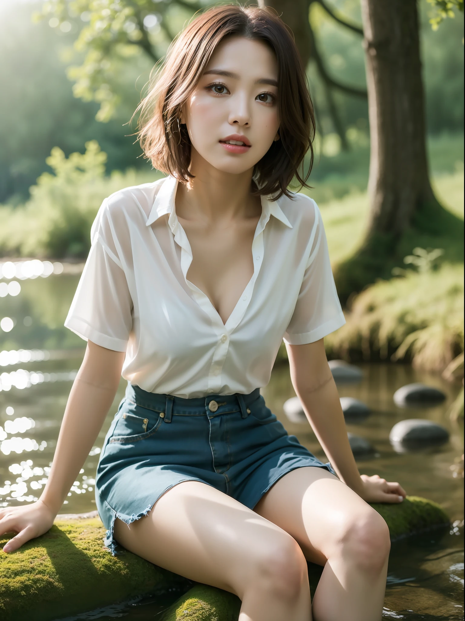 ((top quality, 8k, masterpiece: 1.3, raw photo)), sharp focus: 1.2, (1 aespa girl: 1.2), (realistic, photorealistic: 1.37), (face focus: 1.1), cute face, tenderness, small breasts, flat breasts, short messy hair, white shirt, beautiful woman sitting by the river in the forest, sunlight, movie lighting