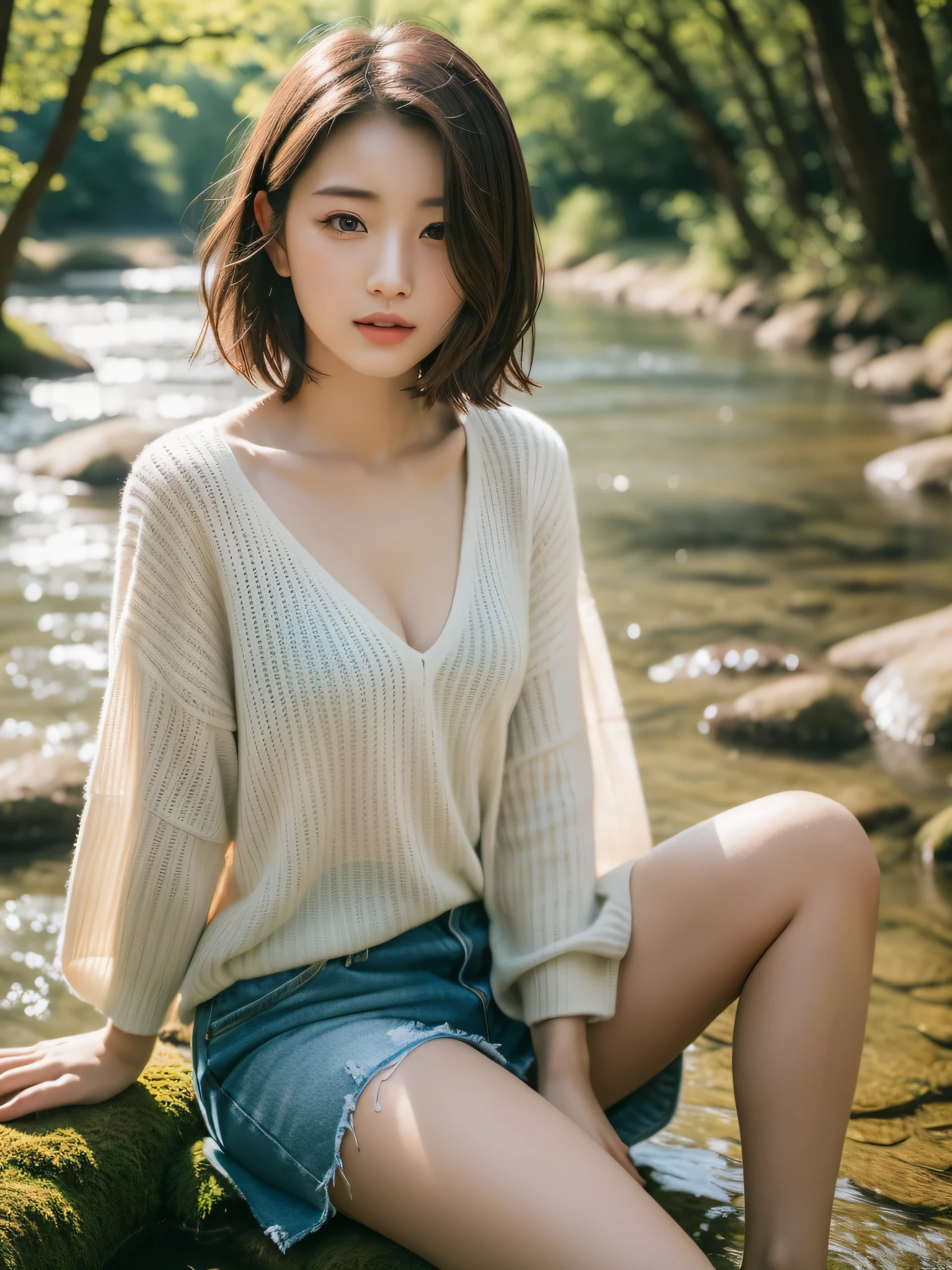 ((top quality, 8k, masterpiece: 1.3, raw photo)), sharp focus: 1.2, (1 aespa girl: 1.2), (realistic, photorealistic: 1.37), (face focus: 1.1), cute face, tenderness, small breasts, flat breasts, short messy hair, white shirt, beautiful woman sitting by the river in the forest, sunlight, movie lighting