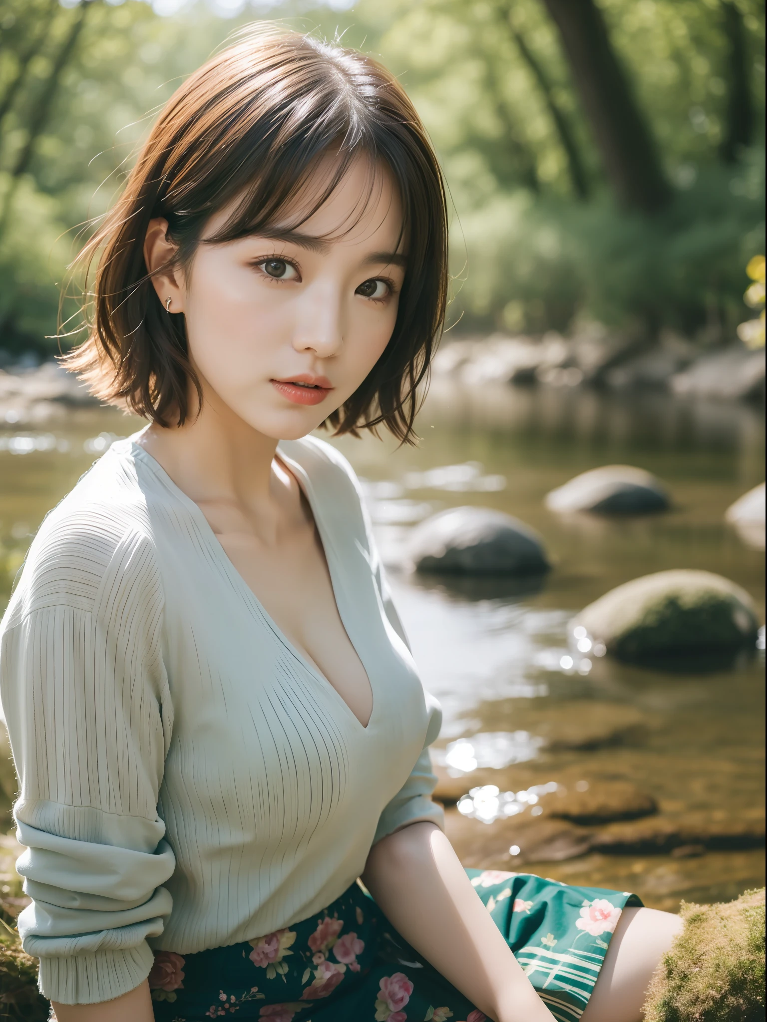 ((top quality, 8k, masterpiece: 1.3, raw photo)), sharp focus: 1.2, (1 aespa girl: 1.2), (realistic, photorealistic: 1.37), (face focus: 1.1), cute face, tenderness, small breasts, flat breasts, short messy hair, white shirt, beautiful woman sitting by the river in the forest, sunlight, movie lighting