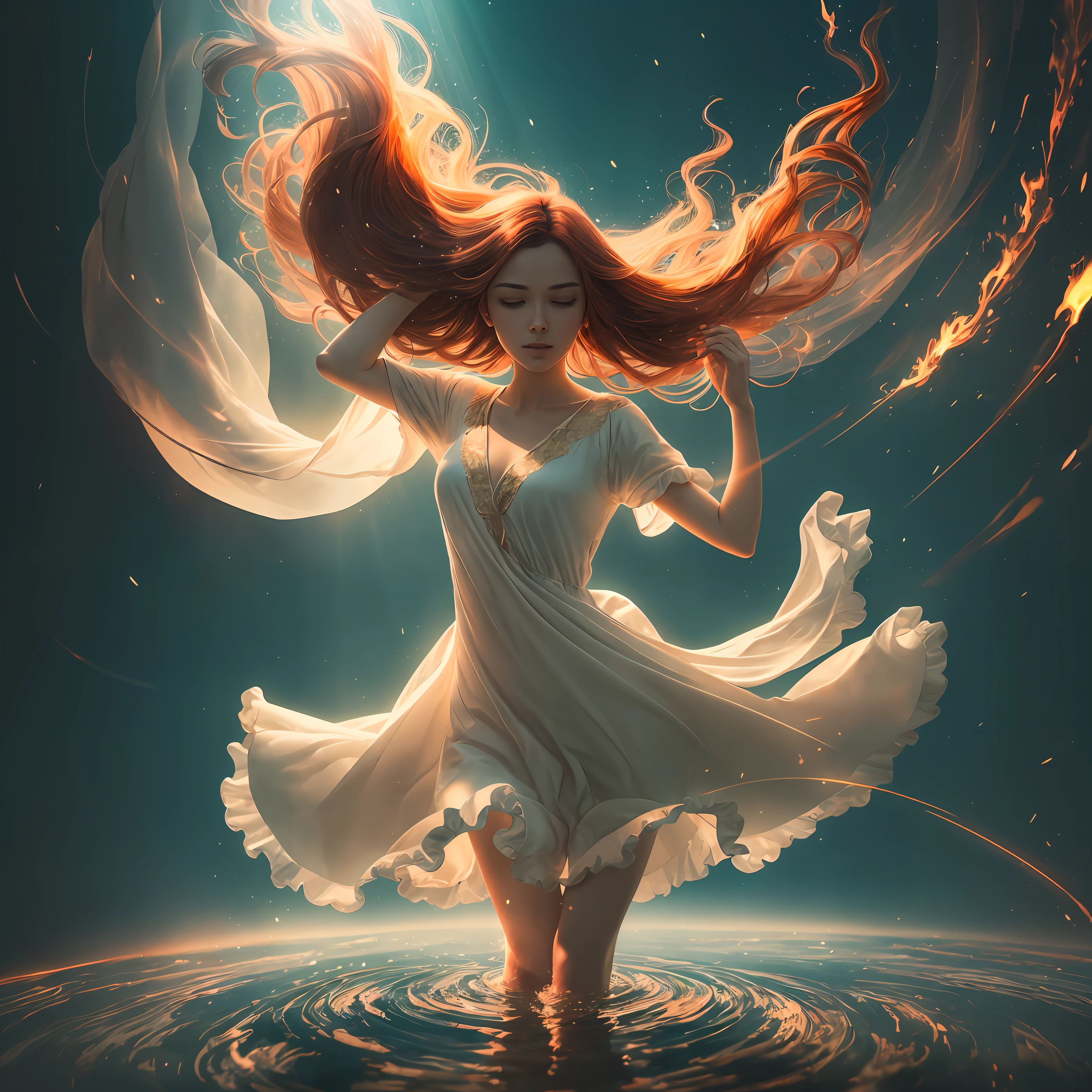 1 woman floating in the air, surrounded by ethereal flames. She may have long red hair, which seems to be in constant motion, as if dancing in the air. His eyes could shine brightly, emitting a golden or greenish light, revealing his supernatural nature. Your skin could have a pale, translucent hue, with subtle mystical patterns reminiscent of flames, backlighting, reflection light, god rays, blurry, cinematic lighting, motion blur, masterpiece, best quality, masterpiece, super detail, high quality, best quality, 16k, HD, high details