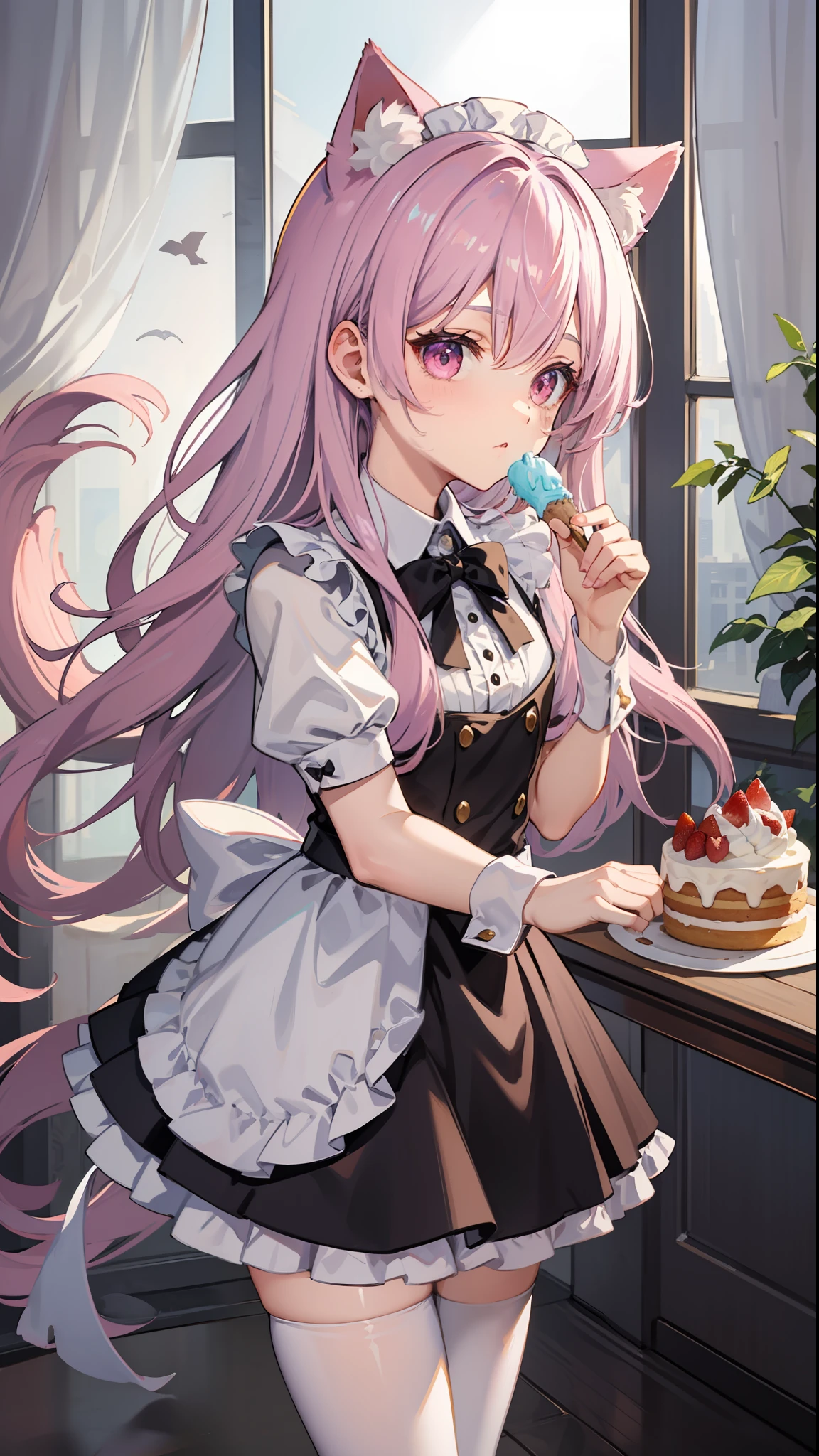 Girly, pink long hair, maid outfit, cute, beautiful, eating ice cream, black tail, cat ears, white short socks, indoor, standing posture, soft light and shadow, a cake on the table, black bow on the head