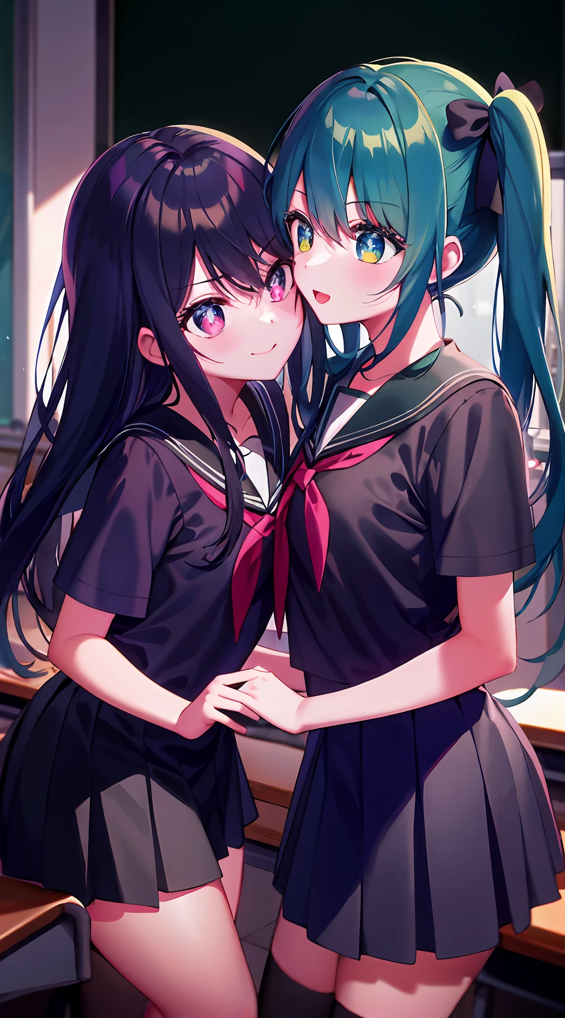 Light background, anime - style image of two young women in uniform kissing, green twin-tailed anime girl, Mikudayo, anime visual of cute girl, black color,sailor_collar, black_serafuku,school_uniform, black socks, in classroom