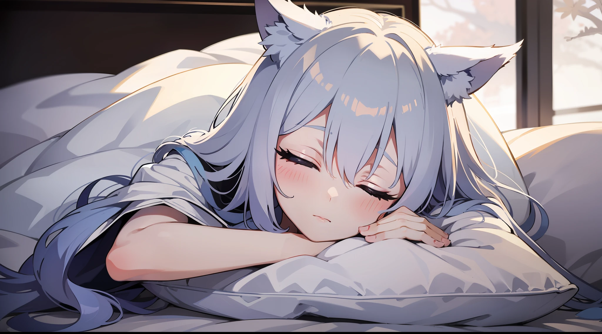 Blue-white pupils, long white hair with wolf ears, 7-year-old sleeping alone with white quilts covered with closed eyes.
