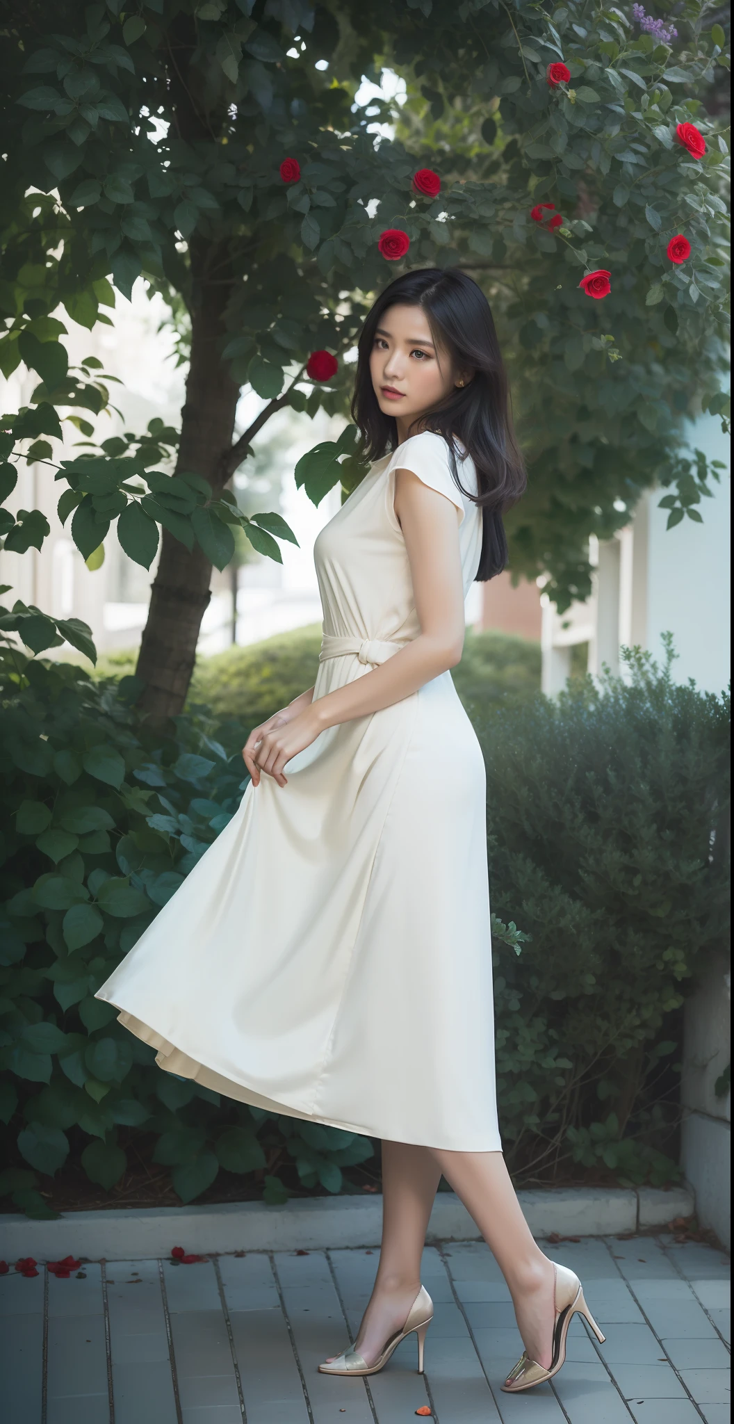 Best quality, masterpiece, super high resolution, (realistic: 1.4), original photo, edited photography, fantasy art

(A woman in her 30s), a woman standing on the path of Graden, (half: 1.3), black hair, short hair, sympathetic face, brown eyes. A faint smile, looking at the audience, (red suit: 1.2), (white shirt), black silk dress, (colorful and dense flower clusters: 1.3). (bright flower color: 1.3, red rose: 1.2, floating skaura_petals) smoke, real-world location, deep contrast, depth of field, dark background, break award-winning photograph, neoism, exposure blend, bokeh, (hdr:1.4), high contrast, (cinematic light), (muted colors),sony A7,F2.4, low saturation, (hyperdetailed:1.2), (noir:0.4)