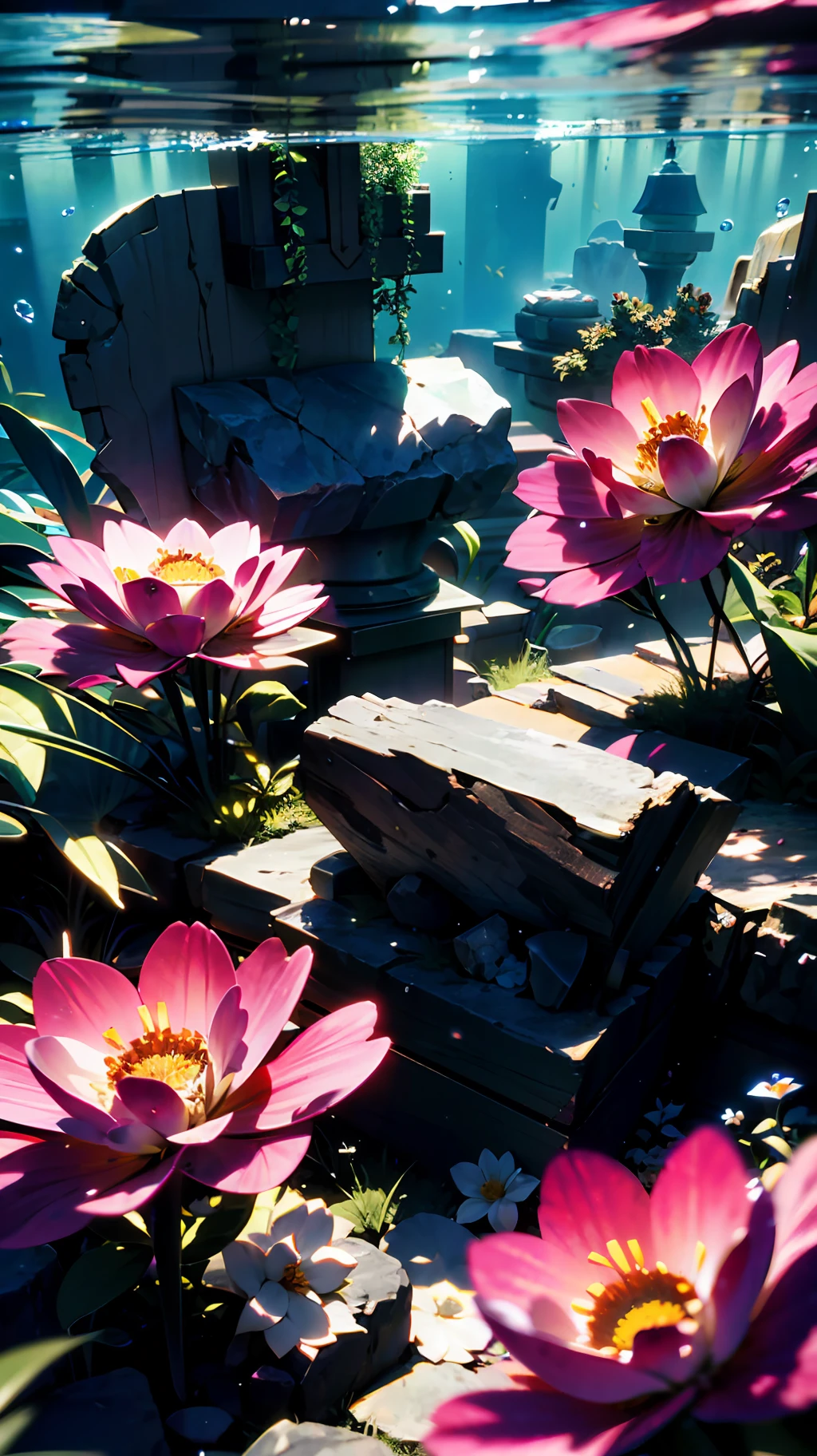 (Best Quality)), ((Masterpiece)), (Details:1.4), Underwater, Underwater Flowers, Light Shower, Deep Depth, Three-Dimensional Terrain, Streams and Swells, HDR, Ray Tracing, NVIDIA RTX, Super Resolution, Unreal 5, Subsurface Scattering, PBR Texturing, Post-Processing, Anisotropic Filtering, Depth of Field, Maximum Clarity and Sharpness, Multilayer Textures, Albedo and Specular Maps, Surface Shading, Accurate Simulation of Light-Material Interactions, Octane Rendering, Two-Tone Lighting, Wide Aperture, Low ISO, White Balance, Rule of Thirds, 8K RAW, Masterpiece, Best Quality, (8k Highly Detailed Wallpaper)(Best Quality), ( best illustration), (best shading),