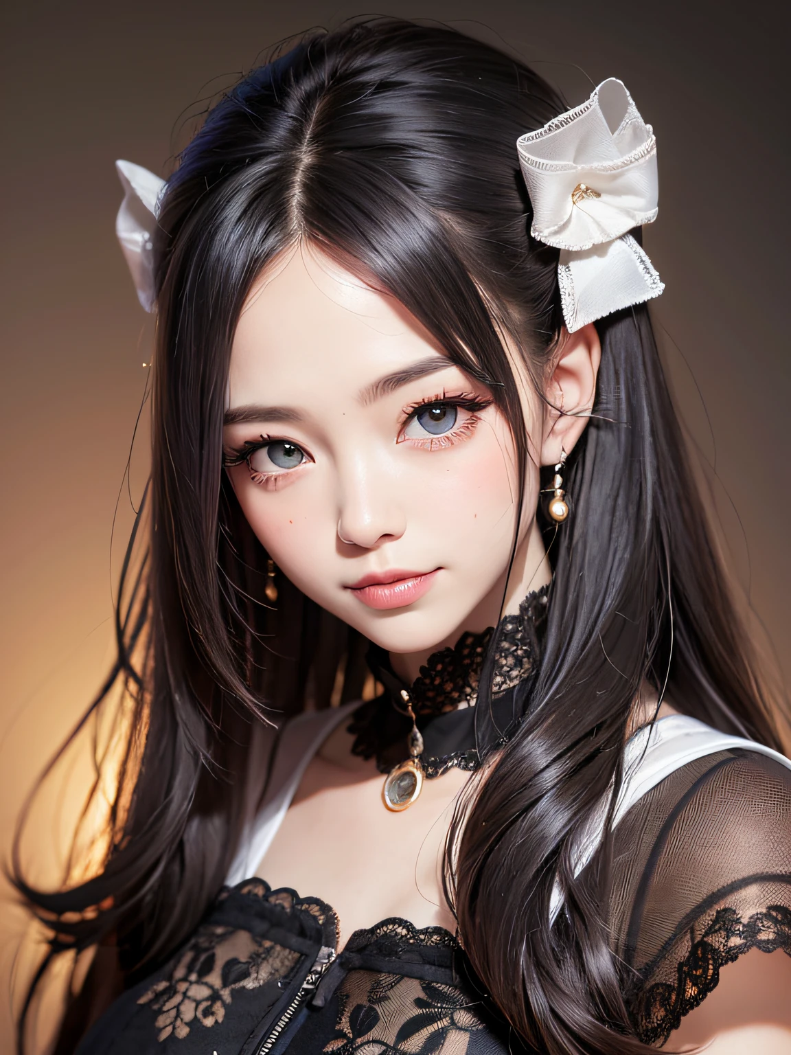black hair, hair bobbles, longeyelashes, solid circle eyes, light smile, multiple hair bows, Surrealism, drop shadow, dutch angle, 8k, super detail, ccurate, best quality