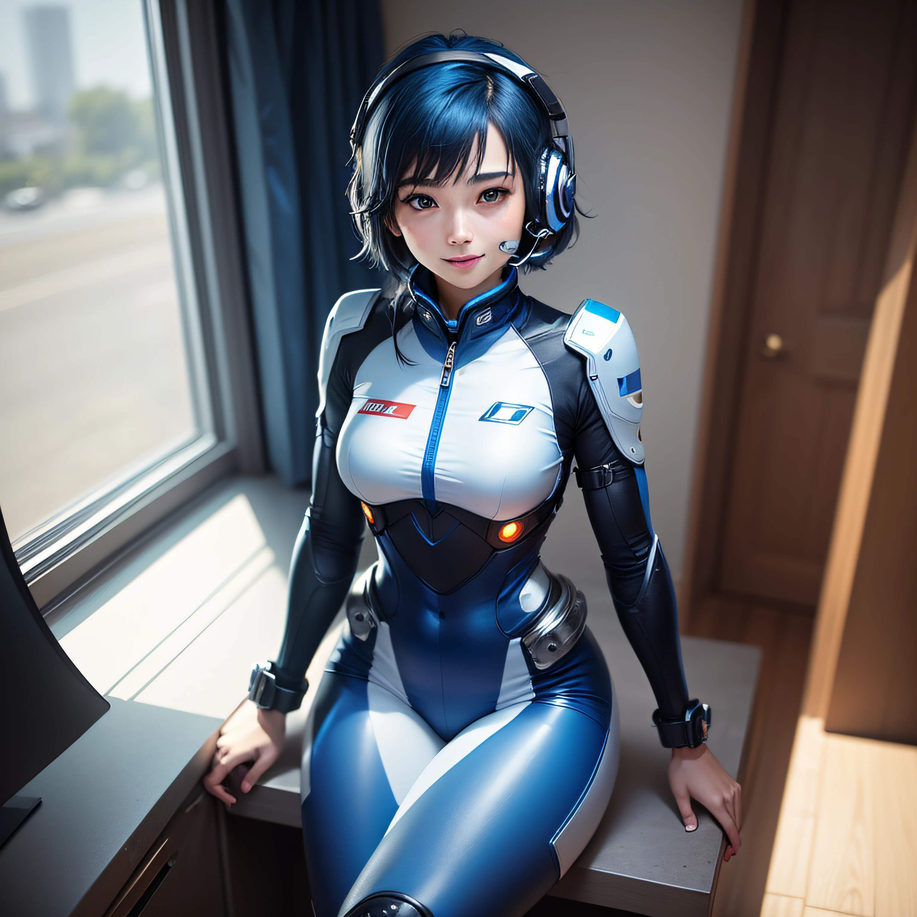 (masterpiece, highest quality, highest resolution, distinct_image, detailed details): (Solo, lone girl, face is Japan person, short cut, blue-haired girl, full body figure, (perfect body: 1.4), sparkly blue color eyes, pilot suit in white and blue color, tight fit clothes, clothes covering the whole body, very delicate and beautiful, detailed skin, slim body, exoskeleton, Gentle smile, heroine, headset, boots)