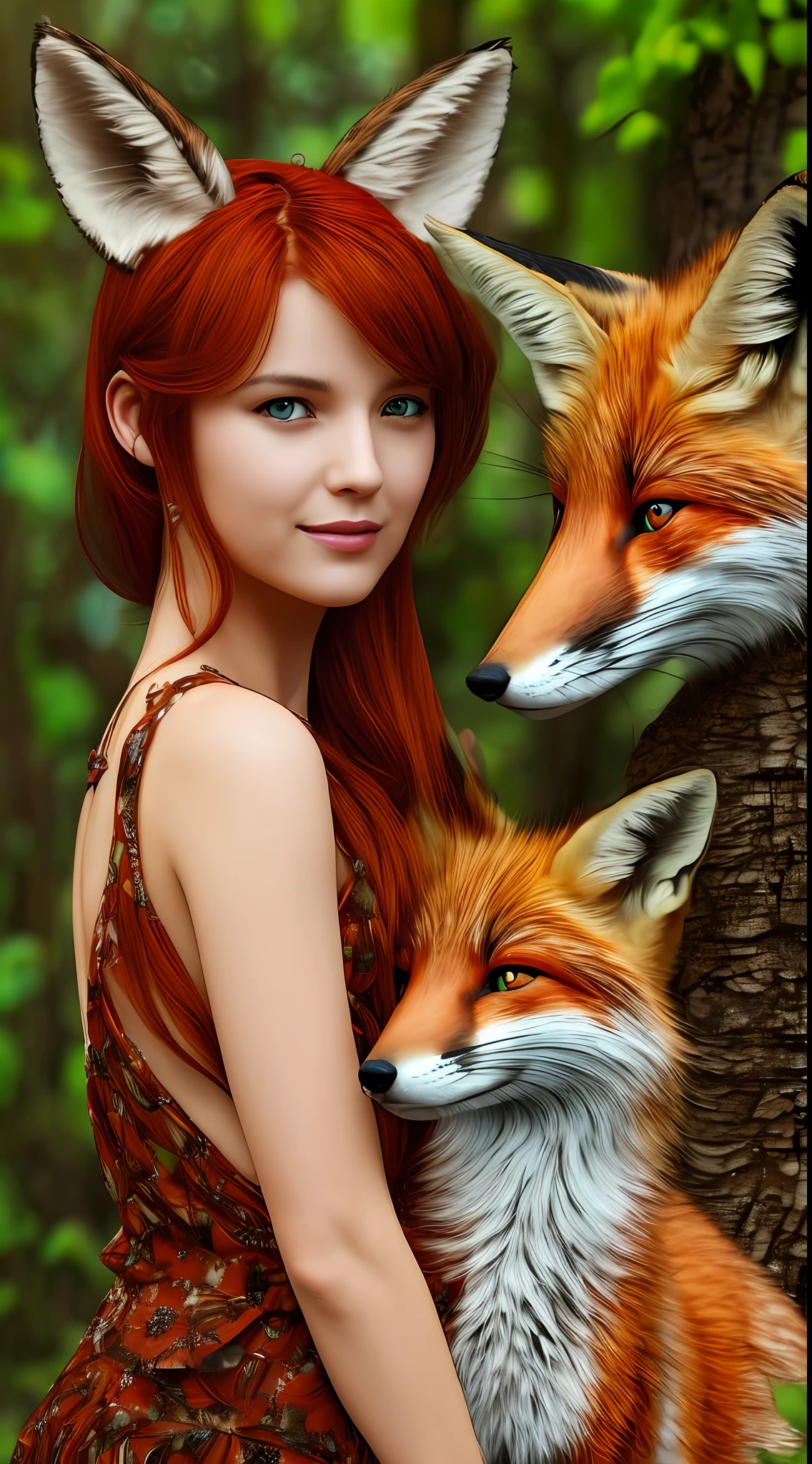 Ultra realistic photo, red-haired woman with fox ears and tail --auto