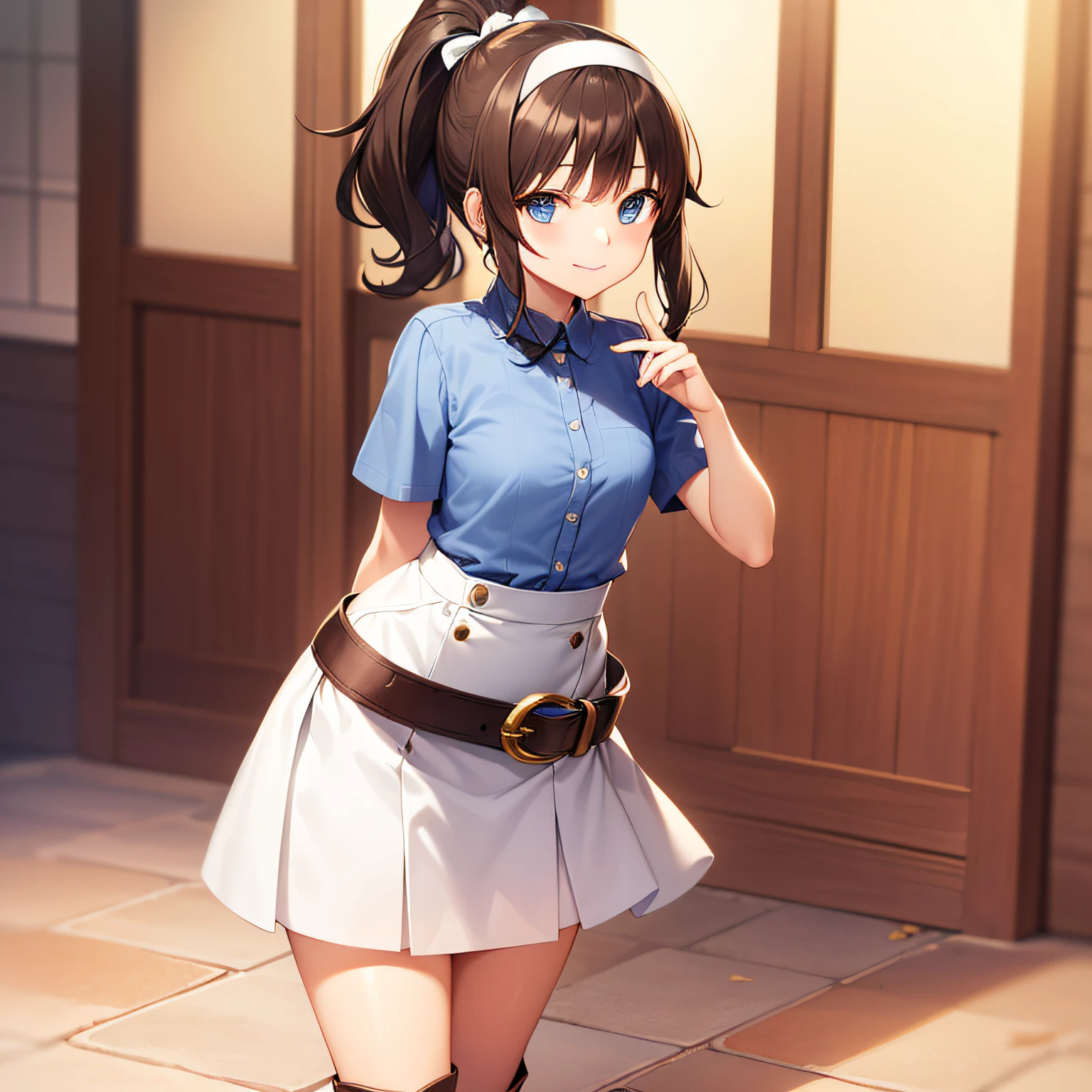 top quality, very delicate and beautiful, girl, 11 years old, (dark brown hair), blue clothes with vertical buttons, belt at the waist, white skirt, (ponytail)), (white hair band), (brown boots), blue eyes, standing, smile,
