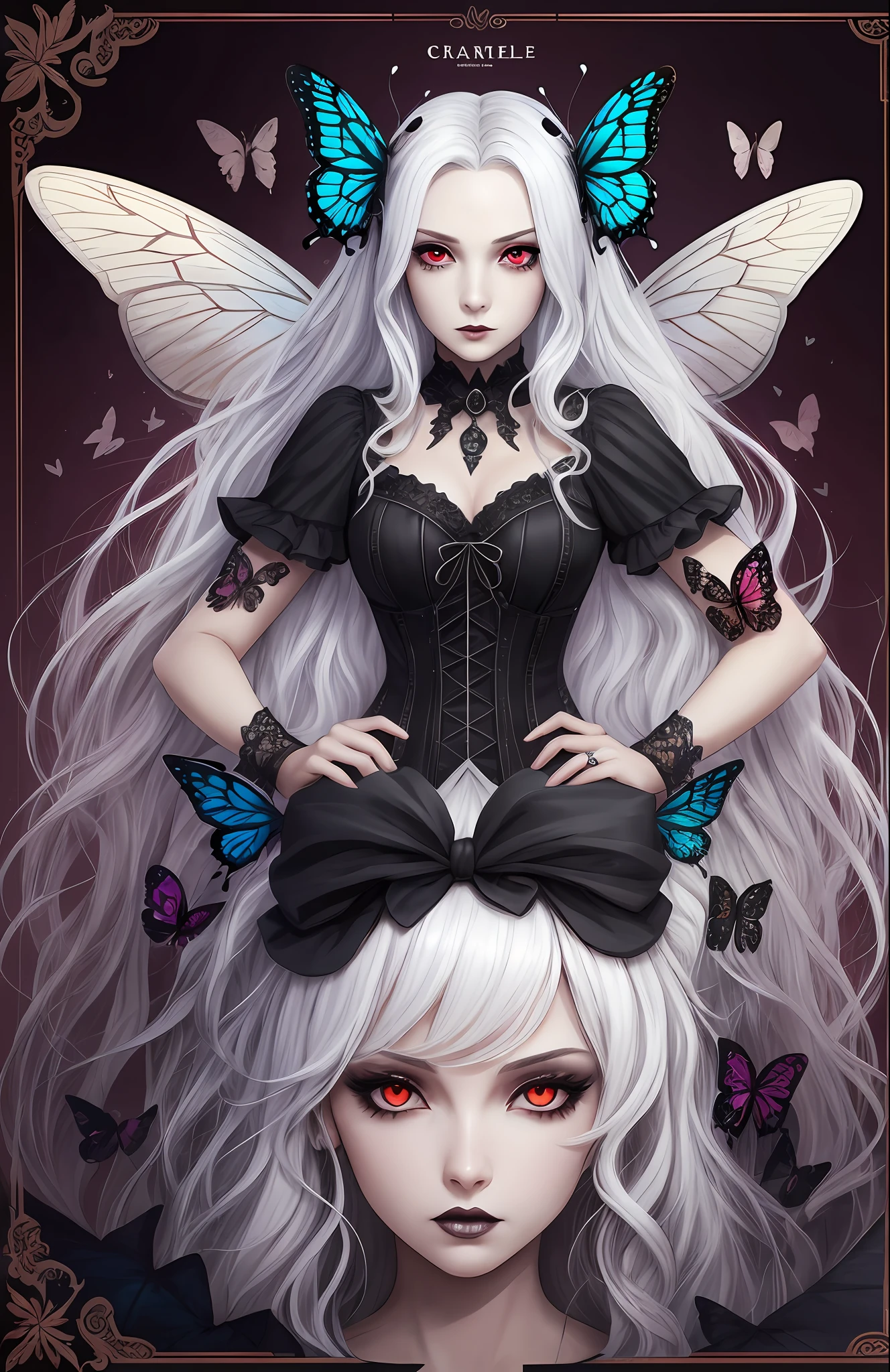 Character sheet, official art, concept art, gothic style, butterflies in hair, long white hair, dark makeup, red eyes, many details --auto --s2