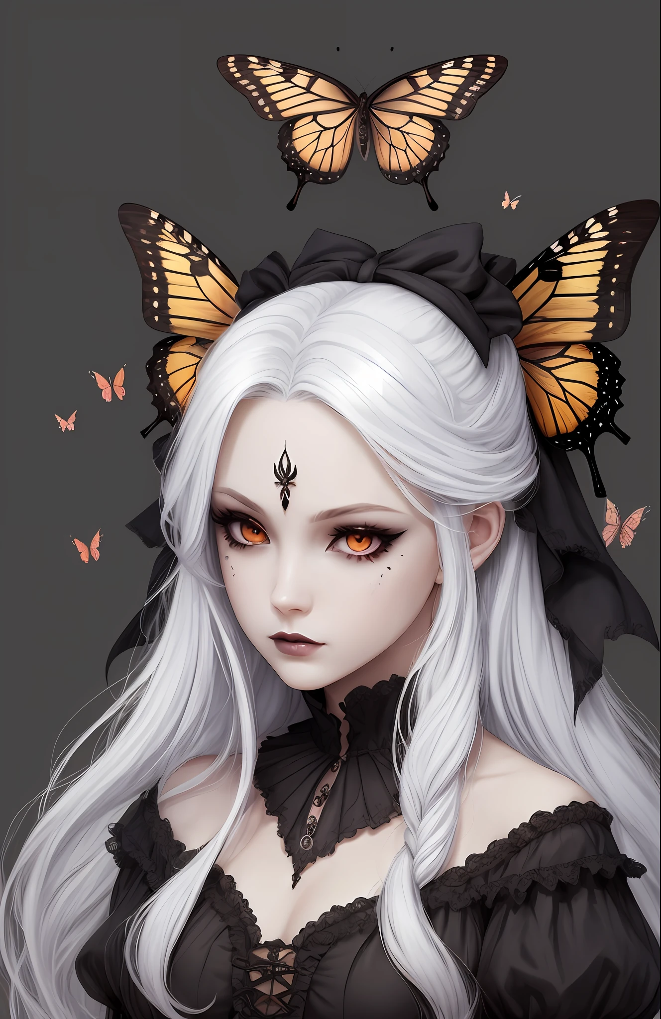 Character sheet, official art, concept art, gothic style, butterflies in hair, long white hair, dark makeup, red eyes, many details --auto --s2