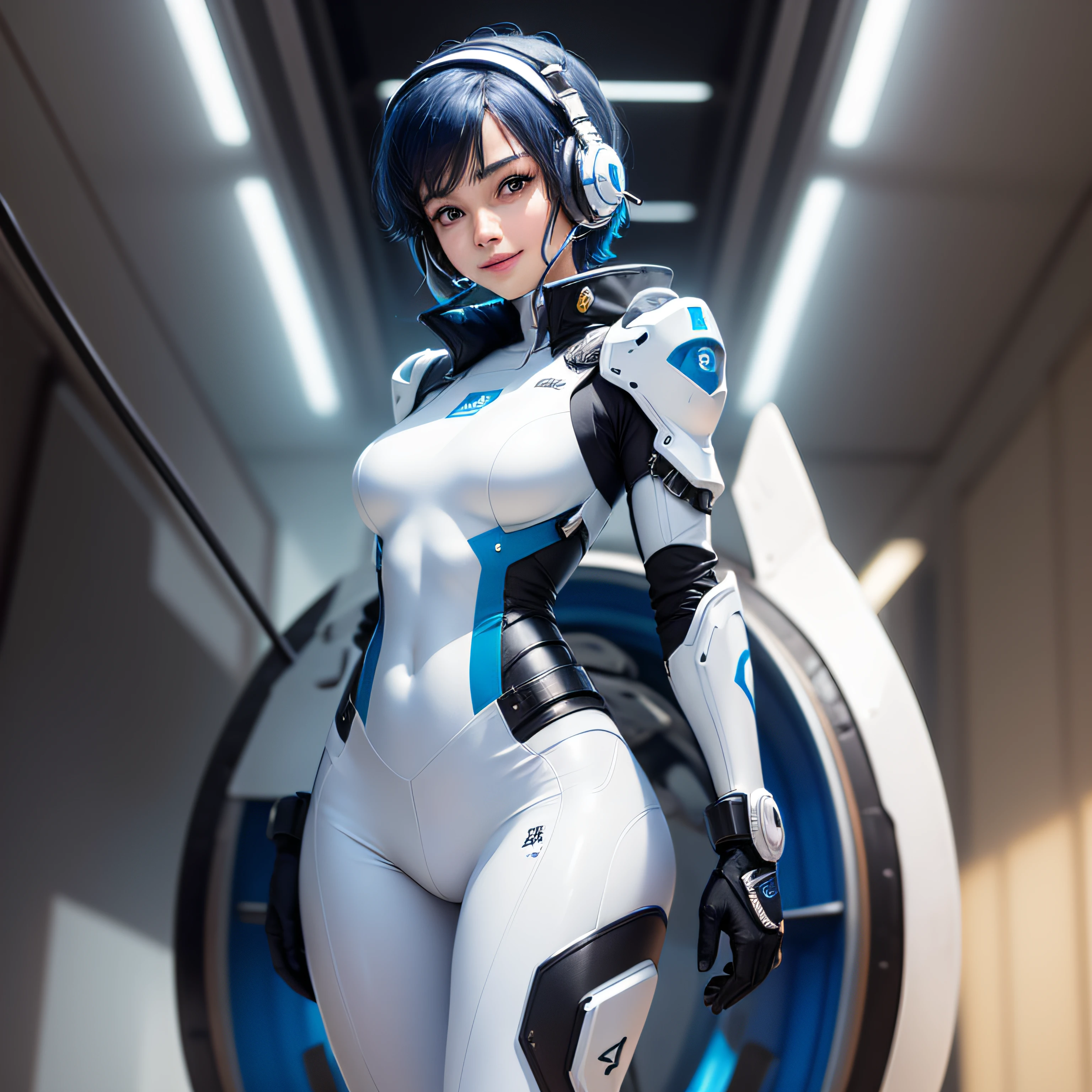 (masterpiece, highest quality, highest resolution, distinct_image, detailed details): (Solo, lone girl, face is Japan person, short cut, blue-haired girl, full body figure, (perfect body: 1.4), sparkly blue color eyes, pilot suit in white and blue color, tight fit clothes, clothes covering the whole body, very delicate and beautiful, detailed skin, slim body, exoskeleton, Gentle smile, heroine, headset, boots)